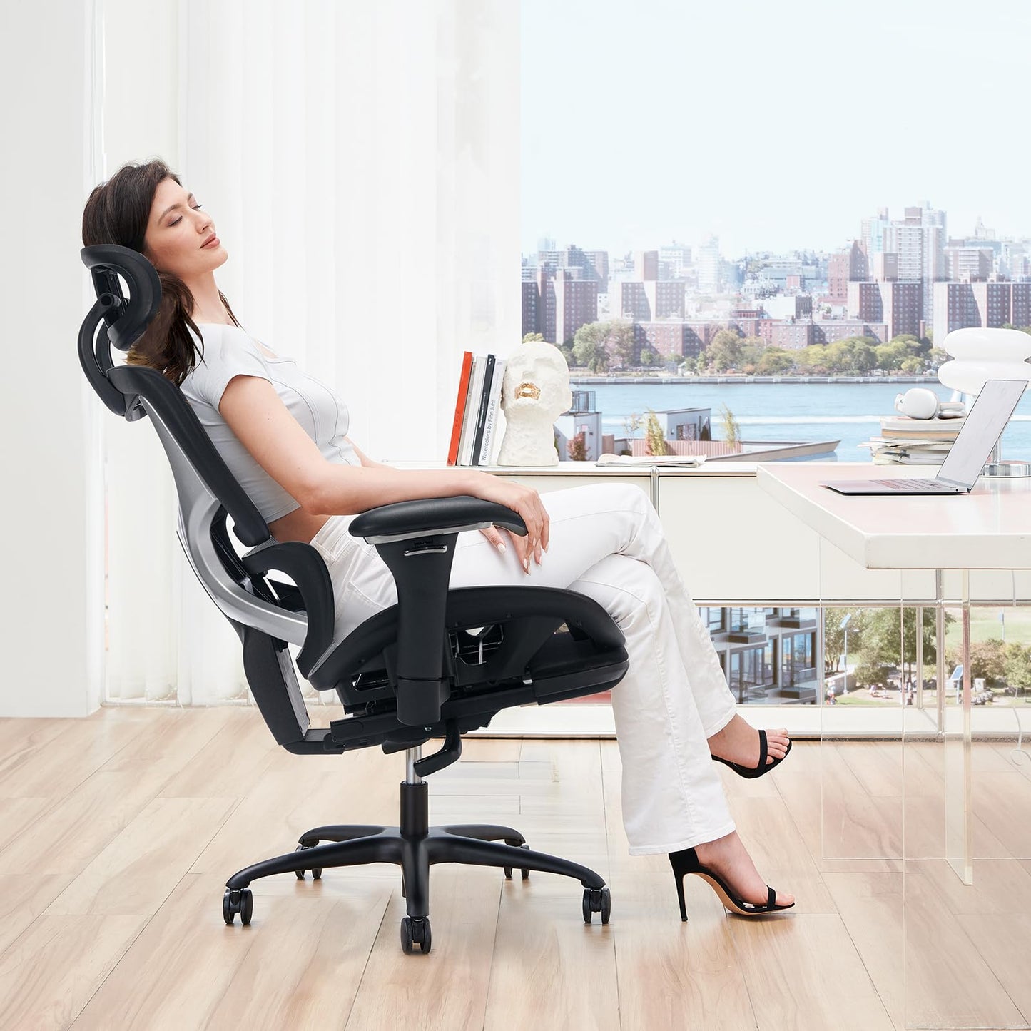 COLAMY Ergonomic Mesh Office Chair with Footrest, Executive High Back Computer Desk Chair with Wide Headrest and Adjustable 3D Arms, Fixed Tilt Lock and Lumbar Support (Black)