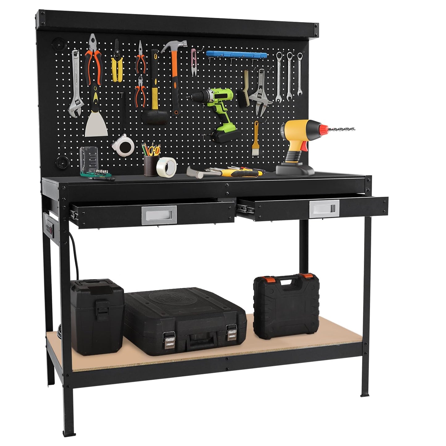 Heavy Duty 2-Tier Garage Workbench 48.99" x 22.99" with 2 Drawers, Pegboard, Power Outlet, Storage Shelf, Metal Tool Station, 332 lbs Capacity, Multifunctional Work Table for Workshop, Black