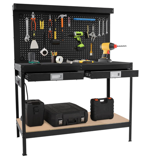 48 Inch Heavy Duty Workbench, 2 Tier Garage Workbench with Power Outlet, 2 Drawers, Pegboard, Under Shelf, Professional Industrial Work Table for Workshop, Basement