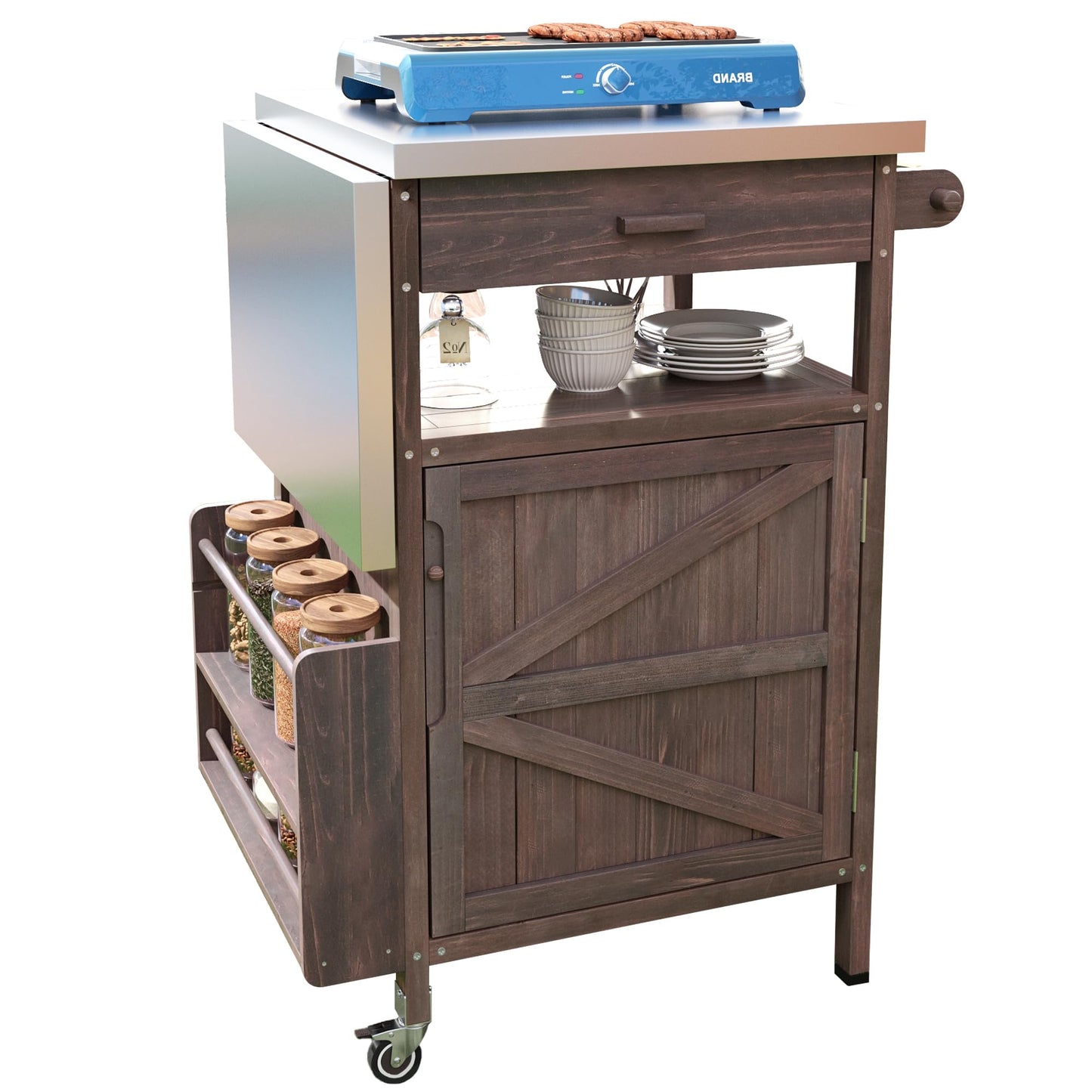 Merax Grill Cart with Storage, Patio Kitchen Island Outdoor Grill Table with Lockable Wheels Drop Leaf, BBQ Cart Movable Pizza Oven Table Stand, Brown