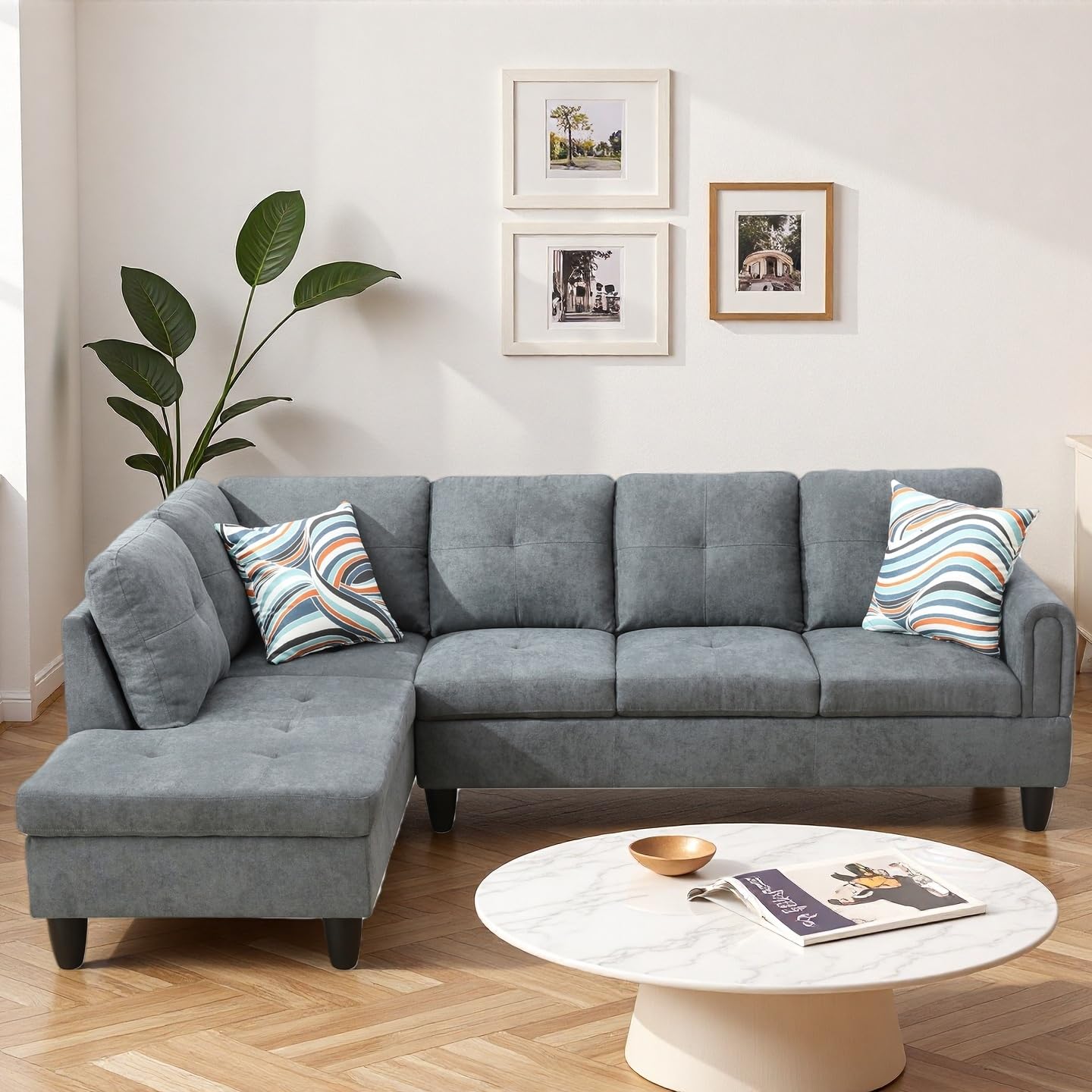 Trygoal Modern L-Shaped Sectional Sofa with Chaise Lounge, 4-Seater Fluffy Couch with High-Density Foam Cushions, for Living Room, Apartment, Studio, Easy Assembly, Dark Grey