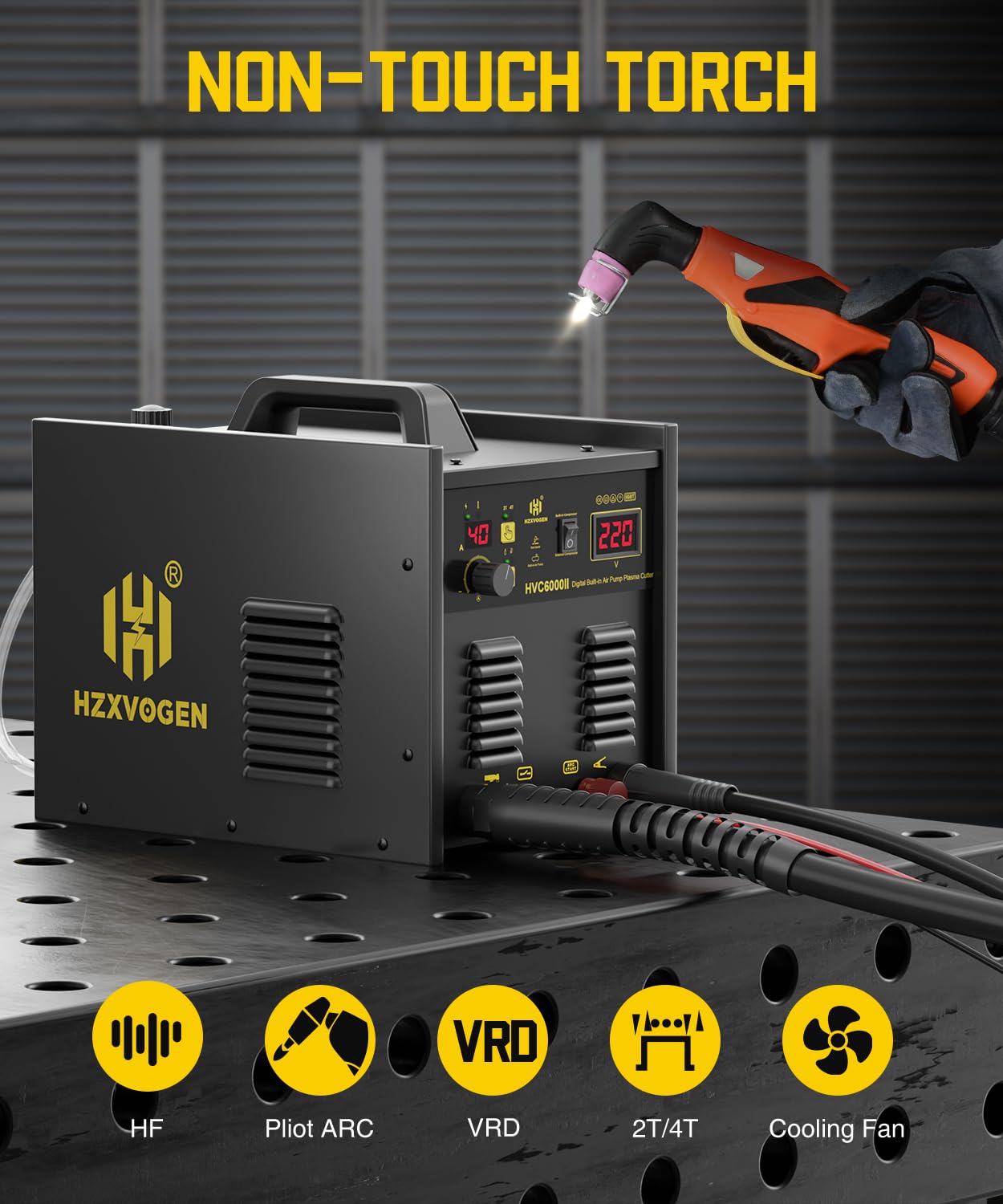 H HZXVOGEN Plasma Cutter with Built in Air Compressor, 50A Pilot Arc Plasma Cutter, 220V High Frequency Air Plasma Cutting Machine DC Inverter IGBT with 2T/4T, Capable External Compressor(HVC6000Pro)
