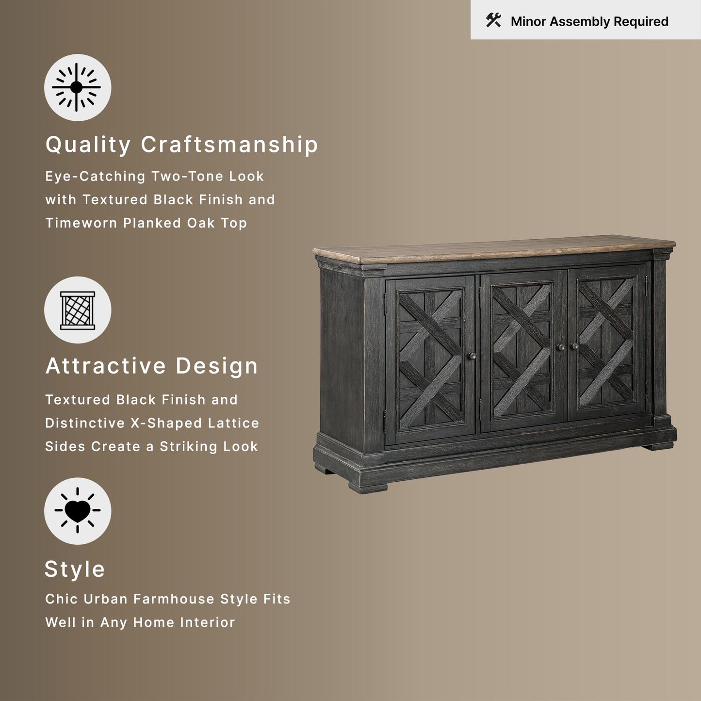 Signature Design by Ashley Tyler Creek Vintage Casual Dining Room Buffet Cabinet or Server with 3 Doors and Lattice Design, Wood, 36" High, Black & Gray