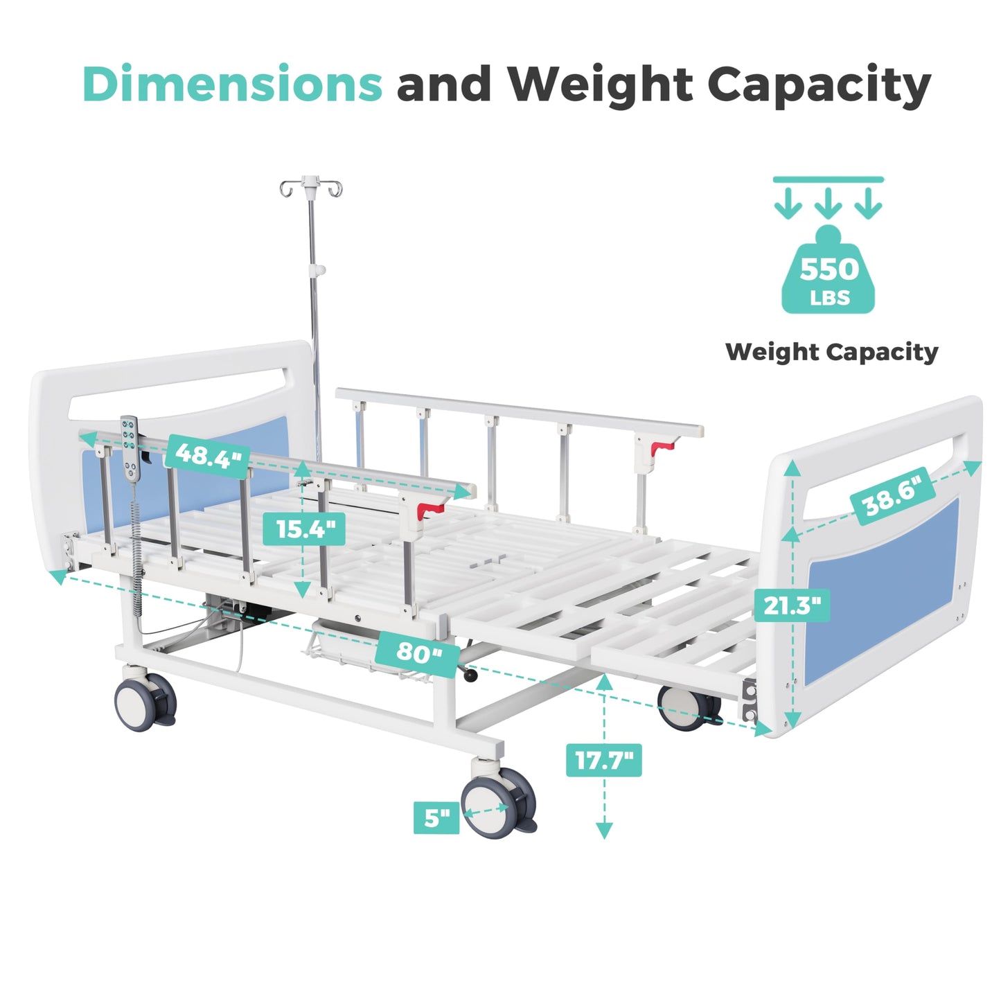 OLERN Advanced Full Electric Hospital Bed for Home Use,Adjustable Nursing Bed with Remote Control,5" Large Locking Casters,Waterproof Foam Mattress,IV Pole,Bedpan,Hair-Washing Device,550 LBS Loading