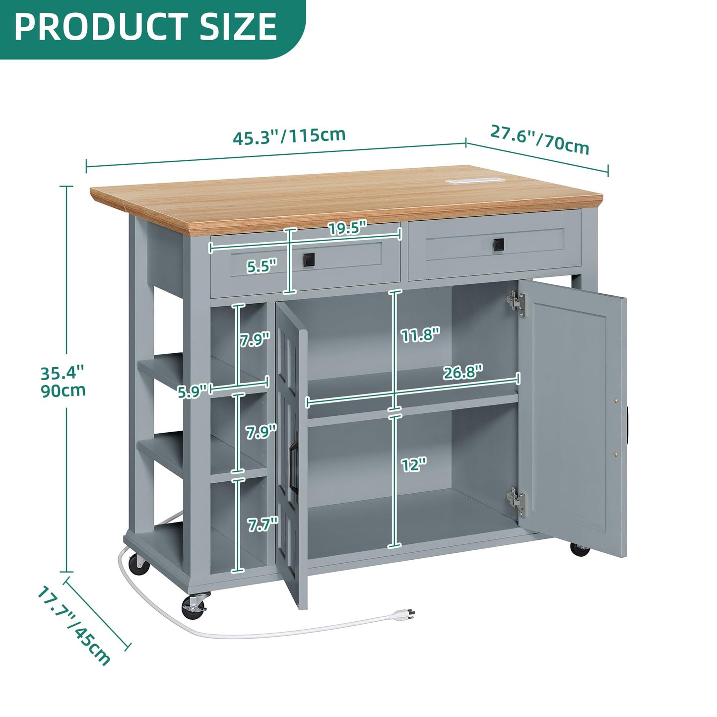 YITAHOME Kitchen Island with Drop Leaf & Power Outlet, Rolling Kitchen Cart on Wheels, Americana Kitchen Island Cabinet with Open Shelves for Kitchen Dining Room, Thicker Rubberwood Top, Grey Blue