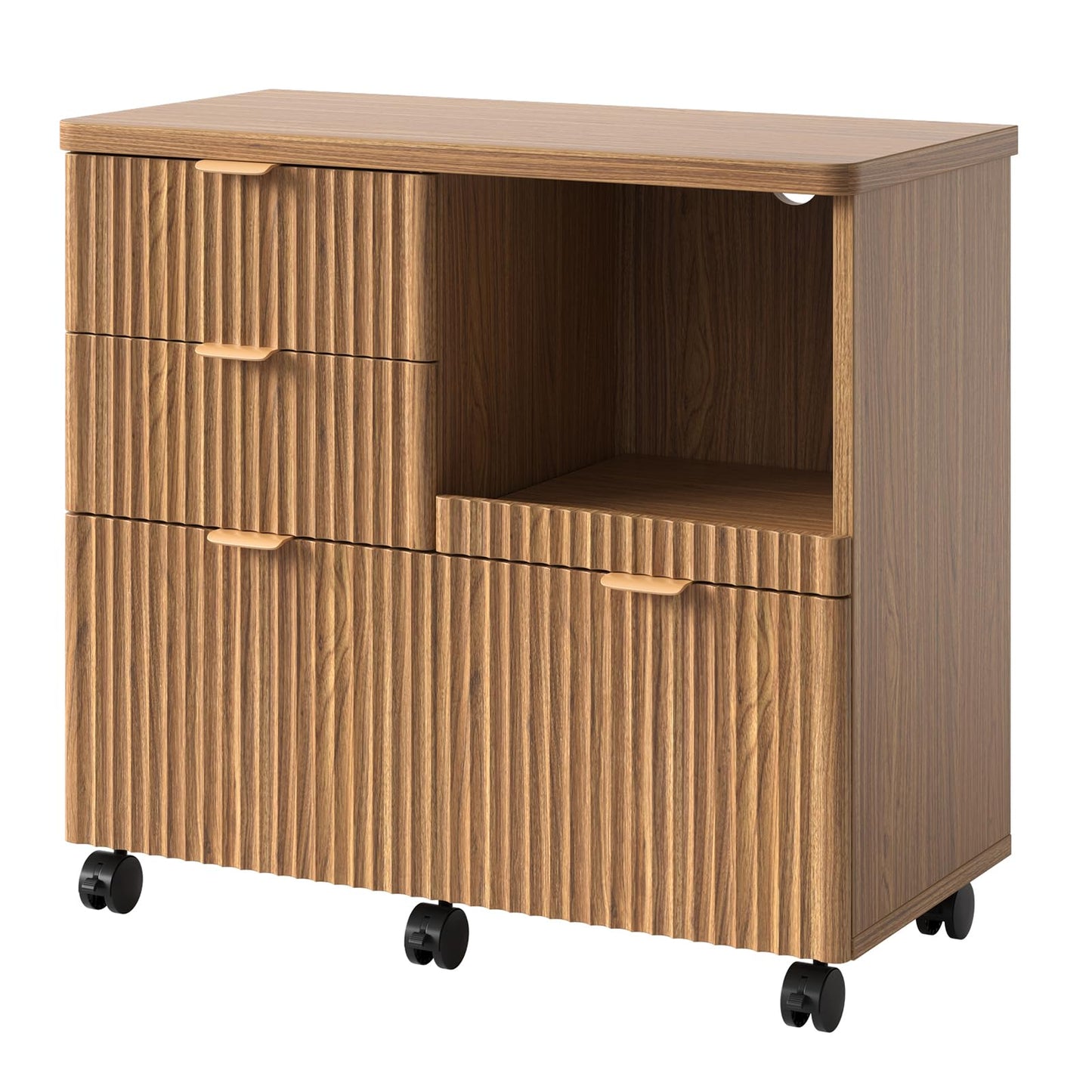 Bestier 3 Drawer File Cabinet, Decorative Fluted Wood Lateral Filing Cabinet with Caster for Home Office, Fits for A4/Letter/Legal-Sized Files, Printer Stand with Open Storage Shelves, Brown