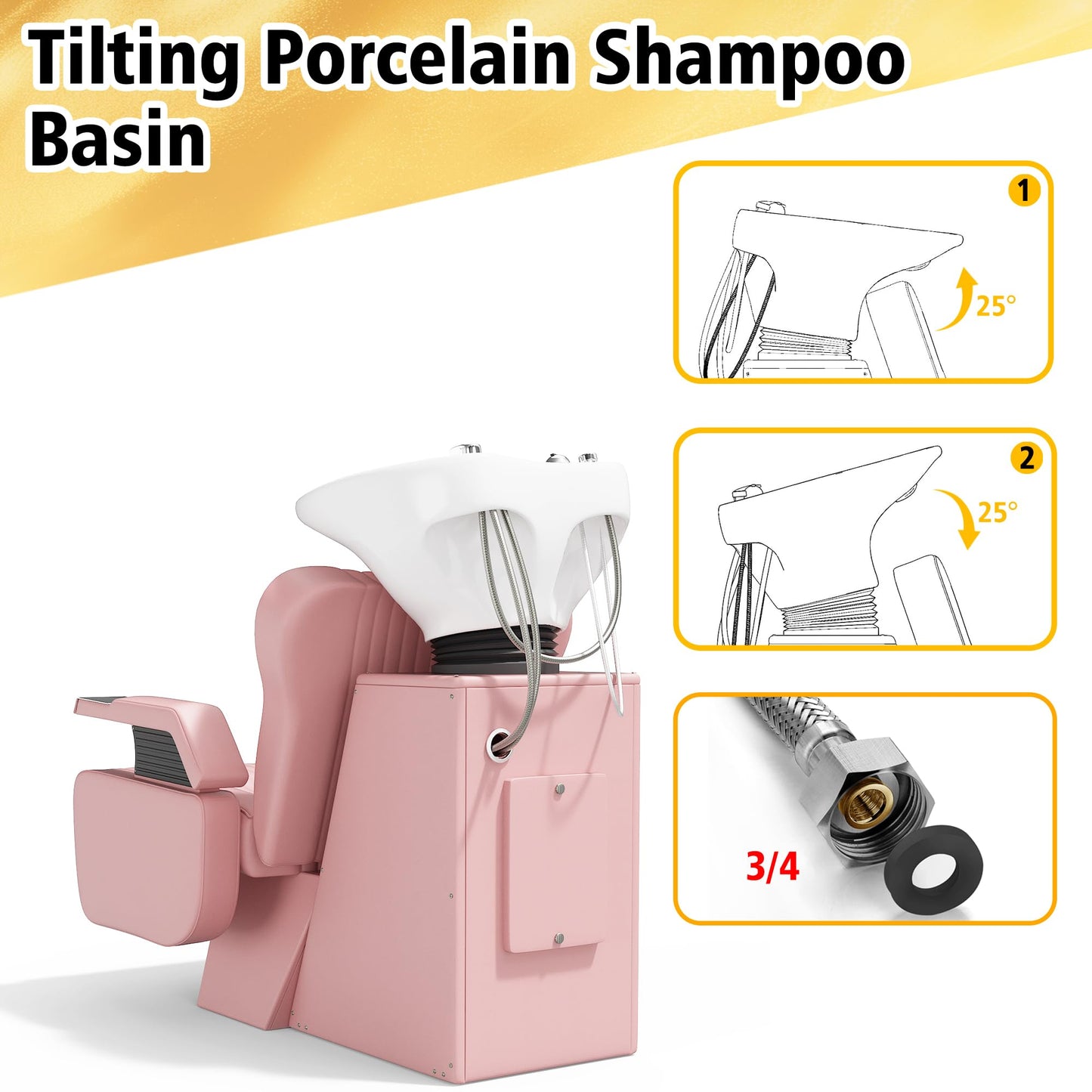 KIGOTY Salon Shampoo Backwash Chair, Shampoo Bowl and Chair Set, Hair Washing Station with Large Adjustable Ceramic Bowl, Shampoo Bowl Sink Chair for Salon (Pink)