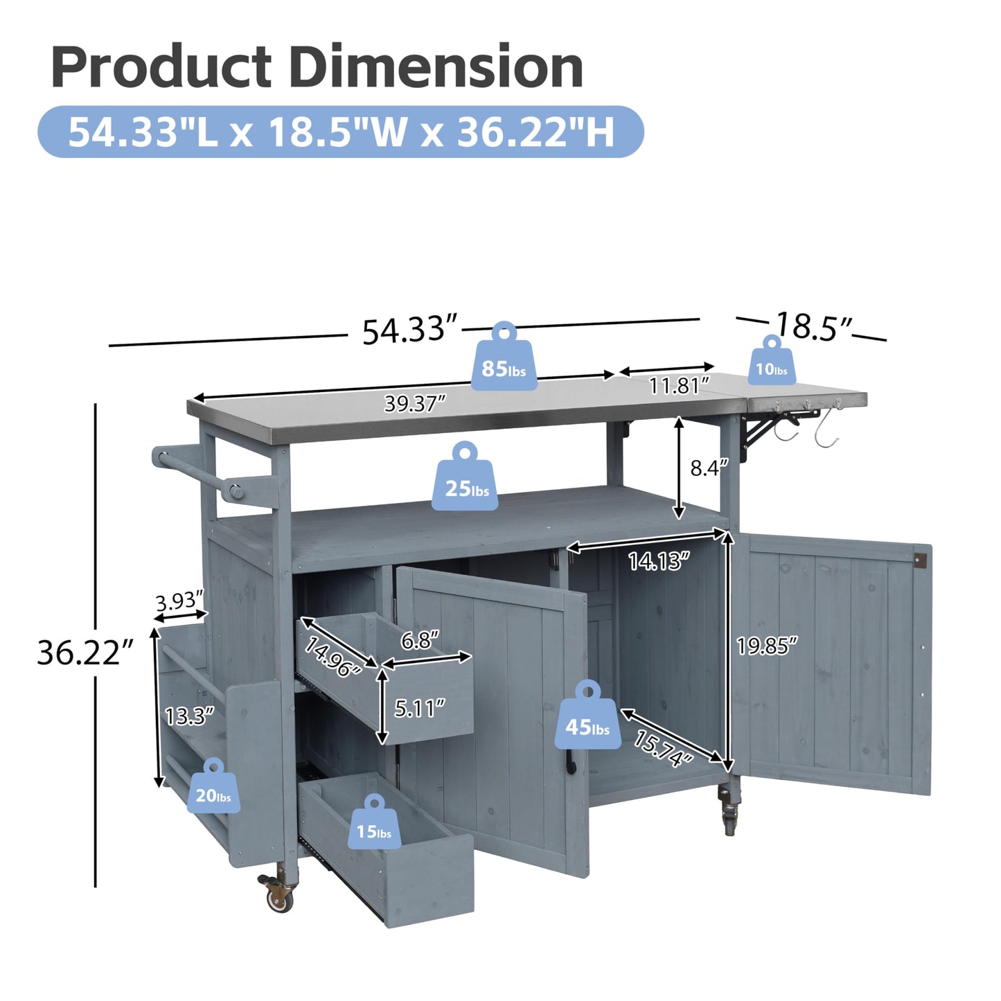 Christopher Knight Home Edsel Outdoor Bar Cart with Stainless Steel Top and Lockable Wheels, Solid Wood Outdoor Storage Cabinet, Kitchen Island Serving Cart for Poolside, Garden, Blue Gray