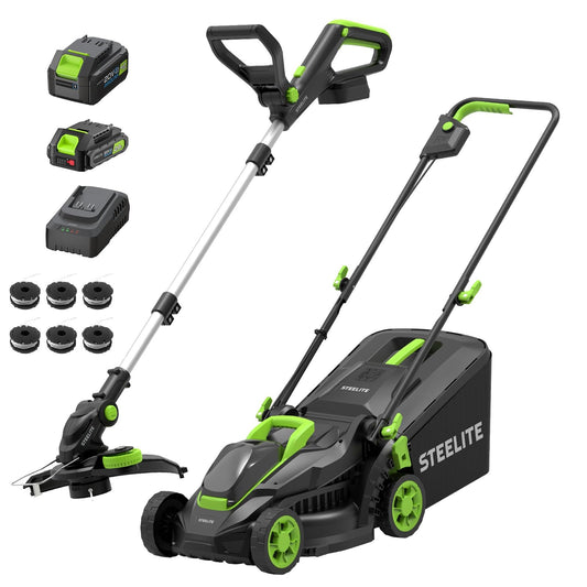 STEELITE 20V Electric Lawn Mower & 12-Inch 2-in-1 String Trimmer/Edger Combo, 13-Inch Cordless Mower with 4.0Ah + 2.0Ah Batteries & Charger, 5 Replacement Spools for Small Lawns