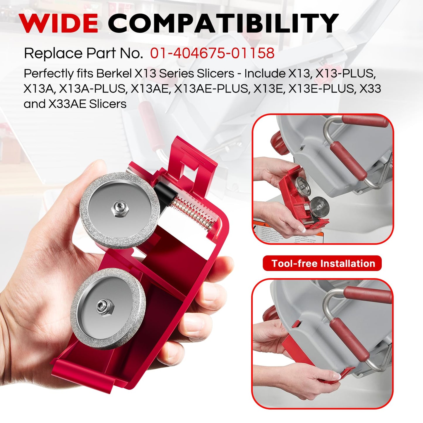 Slicer Sharpener Assembly Compatible with Berkel X13 X13A X13AE X13E X33 Series, Replace OEM 01-404675-01158, Commercial Meat Slicer Sharpener Kit, Alloy Steel & Premium Sharpening Stones