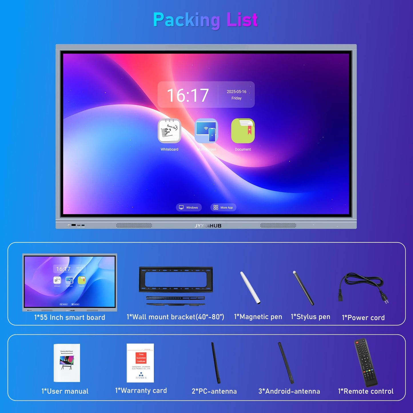 JYXOIHUB 55 Inch Smart Board, 4K Ultra HD Smart Whiteboard, Interactive Electronic Whiteboard with 20-Point Touch, Digital Smartboard for Classroom, Office, and Home, Android & Windows Dual System