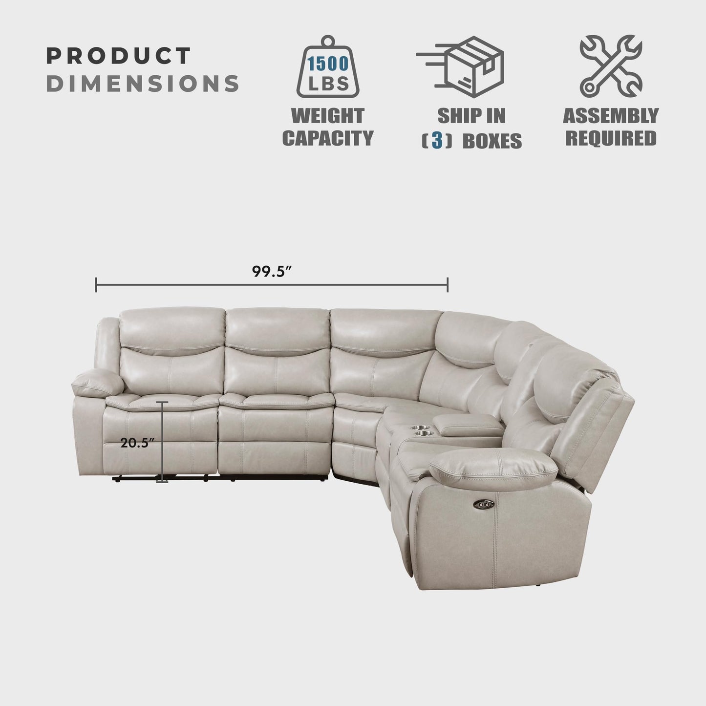 Lexicon L-Shaped Power Reclining Sectional Couch, Faux Leather Reclining Sectional Sofa, 3 Recliners, Wall Hugger, Right Storage Console, Cup Holders, Receptacles, Charging Ports, Silver Gray