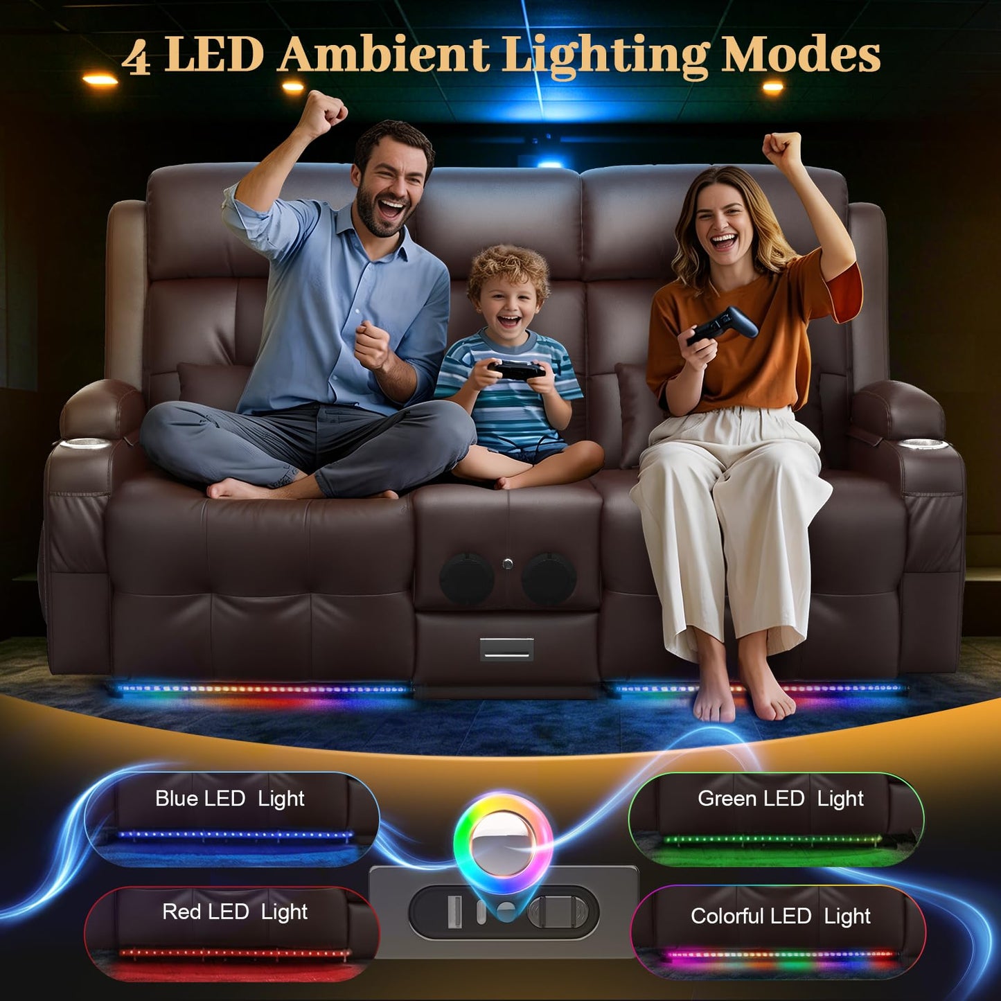 Aotolo Power Reclining Loveseat Sofa with Console, Wall Hugger RV Recliner Couch, Home Theater Seating with Heating & Massage, Bluetooth Speaker, LED Light, USB & Type-C Ports, Storage Armrests