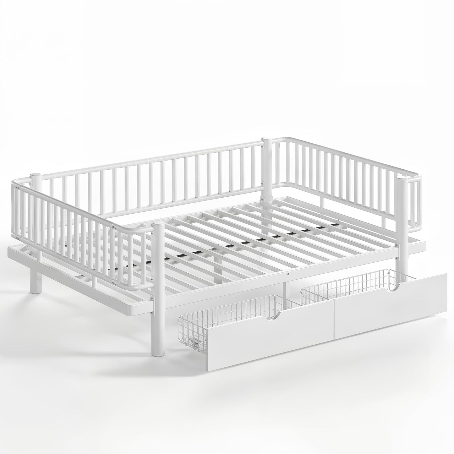 Bellemave Metal Kids Full Size Bed Frame with Storage Drawers and Detachable Fence,Full Size Montessori Bed with Slats and Fence,Metal Platform Bed,Low Profile Design,White