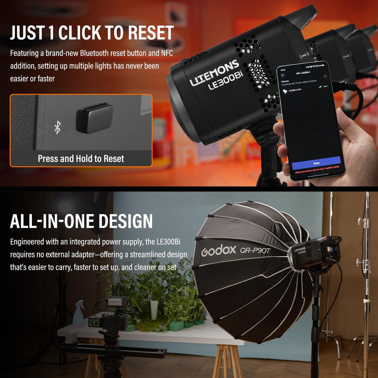 GODOX LE300Bi Light Kit, Godox Litemons LE300Bi Video Light with Softbox Light Stand, Bowens Mount, DMX/Bluetooth APP Control, NFC Connection, 2800K~6500K, 58900Lux@1m, CRI/TLCI98, 11 Fx Effects