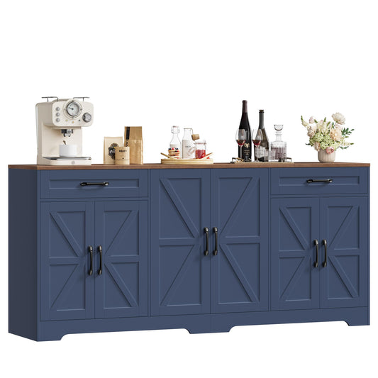 71” Large Sideboard Buffet Cabinet with Storage, Farmhouse Kitchen Buffet Cabinet with Adjustable Shelves and 6 Barn Doors, Wood Coffee Wine Bar Console Table for Kitchen, Dining Room, Navy Blue