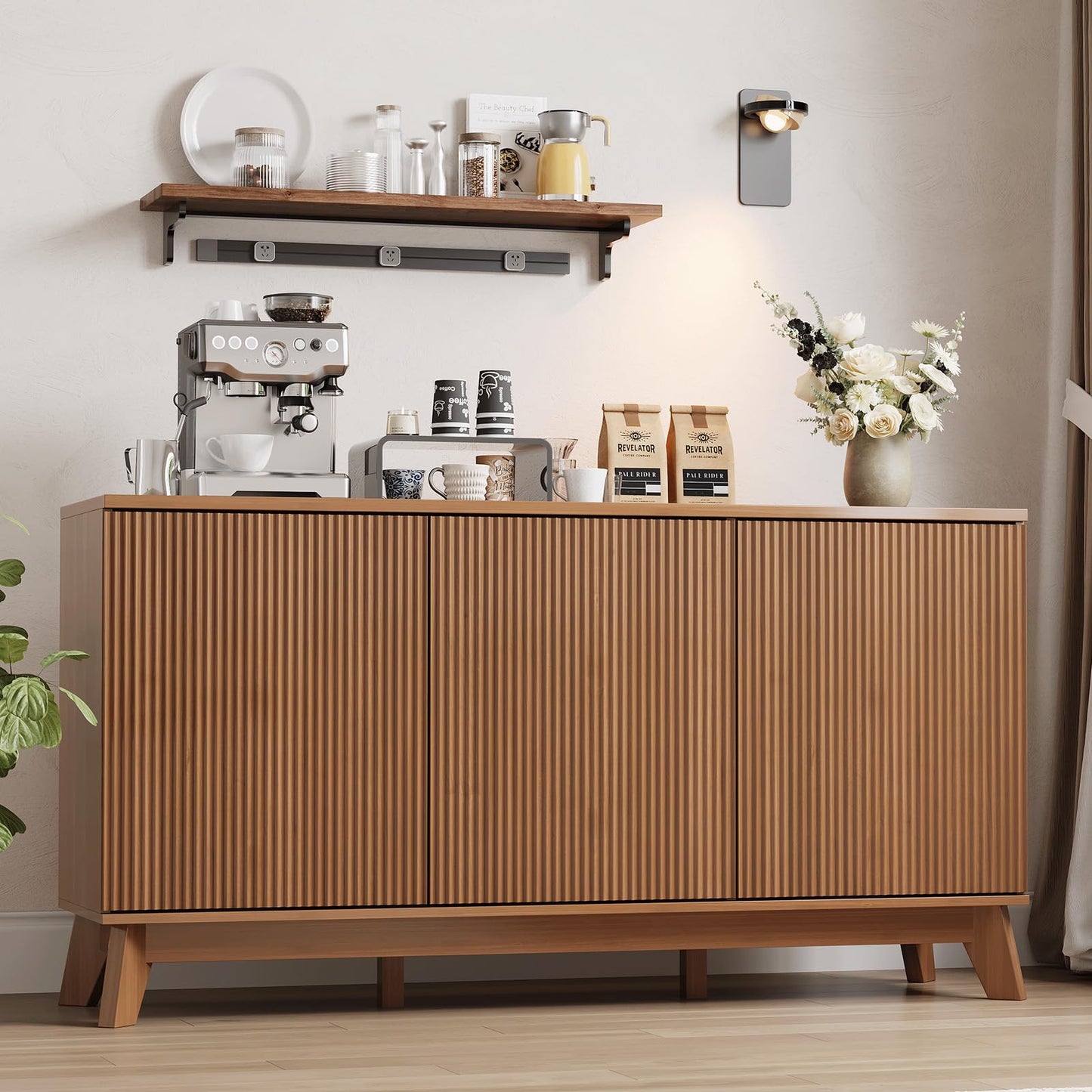 GarveeHome 58" Modern Farmhouse Sideboard Buffet Cabinet with Adjustable Shelves Storage & 4 Doors, Wood Buffet Console Table, Curved Design, Cupboard Coffee Bar Cabinet for Dining Room, Living Room