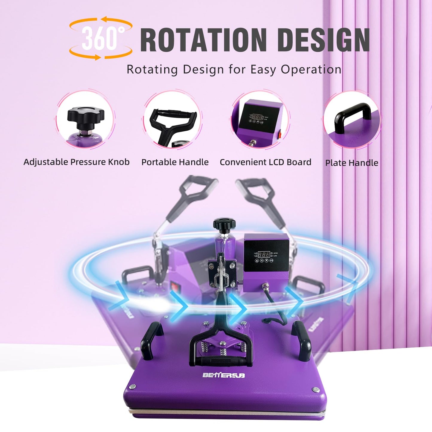 BetterSub 5 in 1 Heat Press Machine 12x15 inch, Industrial-Quality Sublimation Press with 30oz Tumbler Attachment & Curved Hat Plate, 360° Swivel Design for T-Shirts, Vinyl, DTF Film - Purple