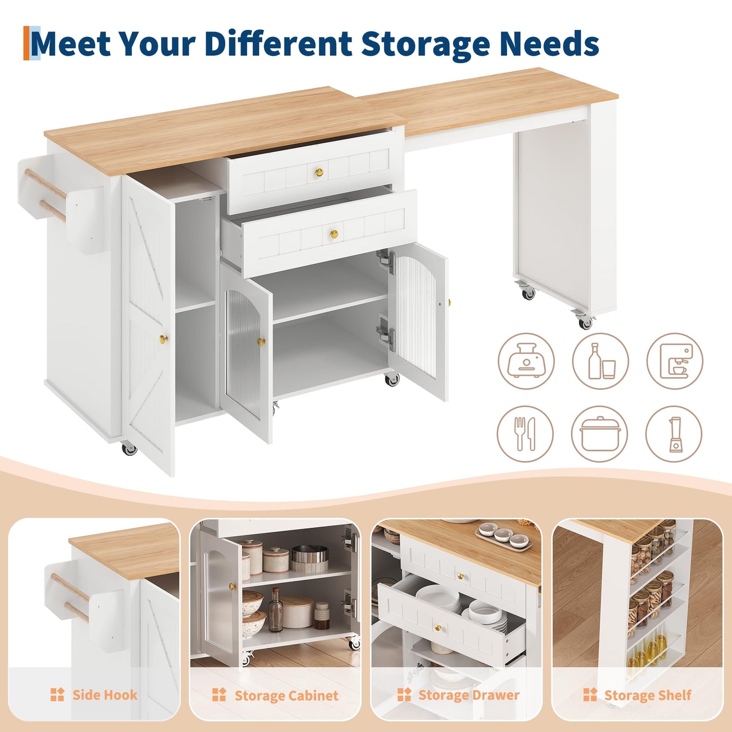 78.3” Rolling Kitchen Island with Extendable Table, Storage Cabinet, Drawers & Shelves, White Modern Mobile Island Cart on Wheels, Farmhouse Wood Island Table for Kitchen, Dining Room, Home Bar