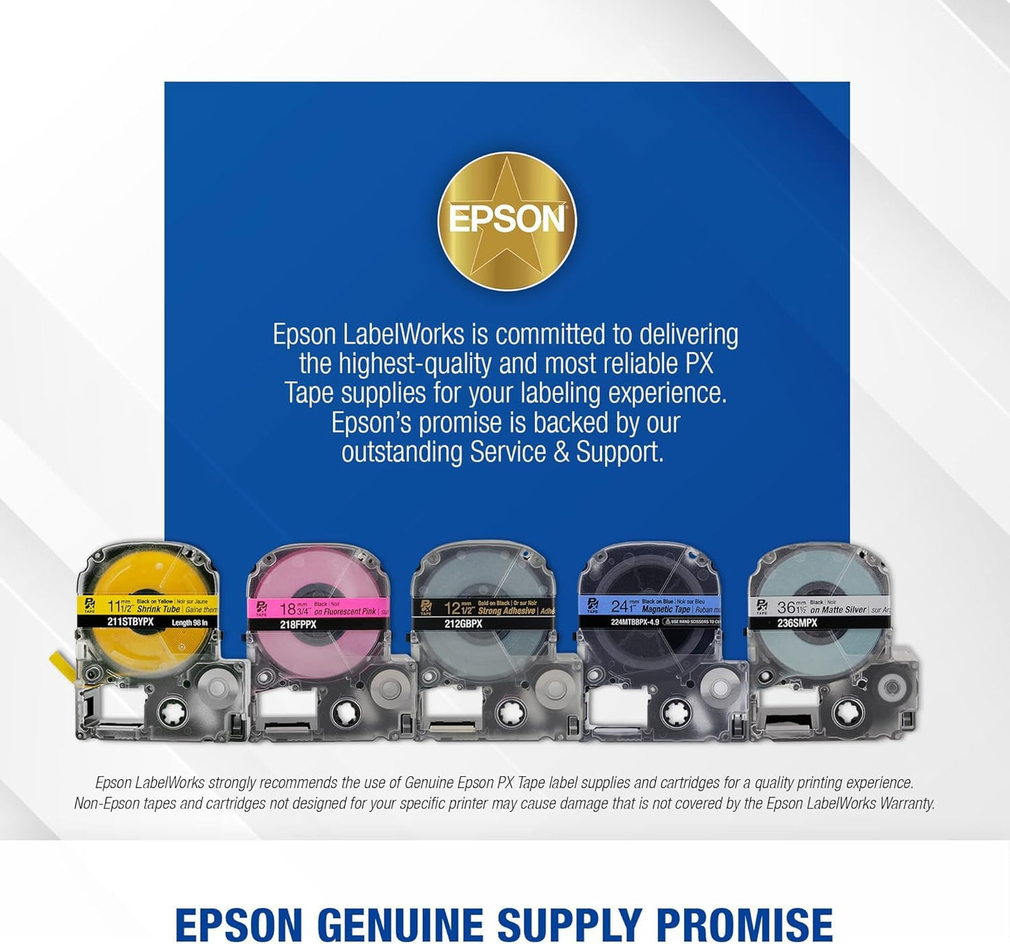 Epson LABELWORKS 236BWPX-5PK Genuine PET (Polyester) Tape Cartridge - Black on White Industrial Label Maker Tape - 1.5" (36MM) Wide, 30-5 Pack