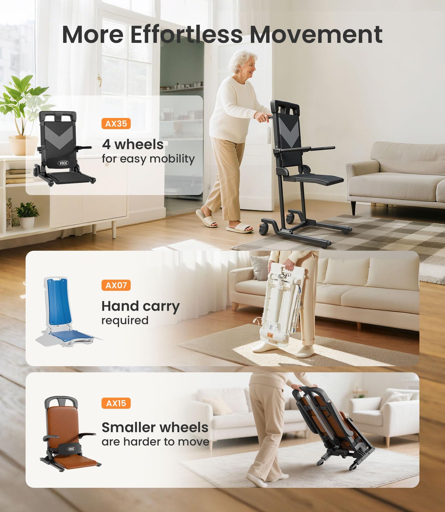VOCIC Electric Chair Lift Get Up from Floor, Movable with 4 Wheels, Portable Rolling Chair Lift with T-Stabilized Base, Short-Distance Transport, Lift for Elderly from Floor, Supports 350 LBS, AX35