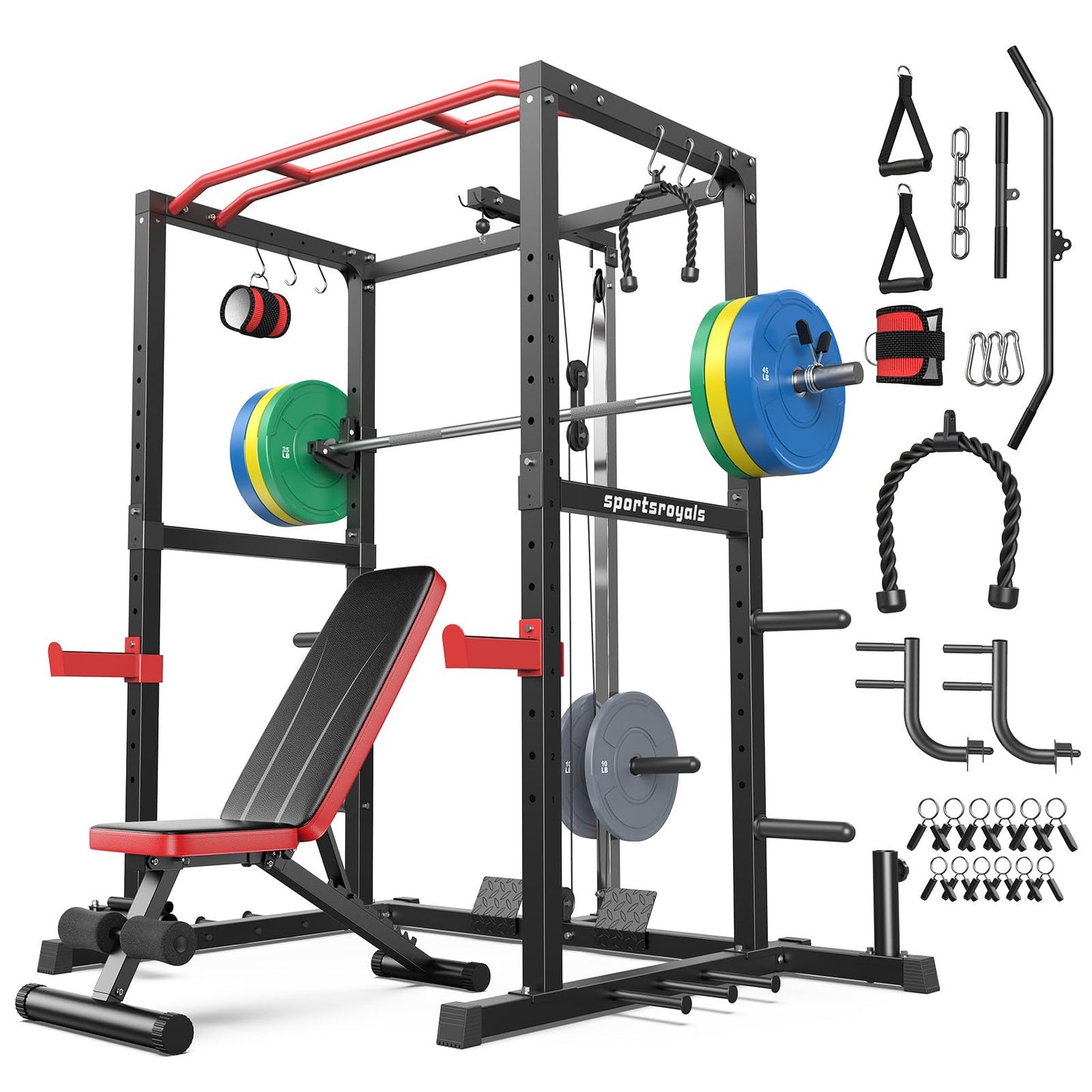 Sportsroyals Squat Rack, LAT Power Cage, Power Rack Multi-Function with Pulley System and Training Attachments for Home Gym