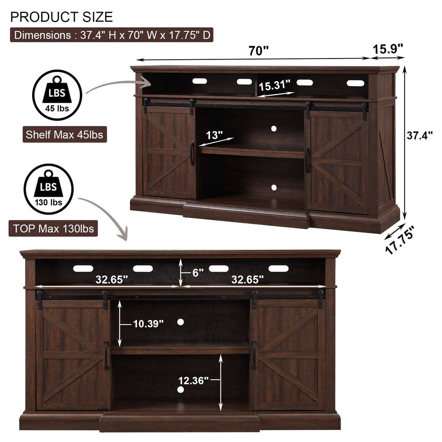 Farmhouse TV Stand for 80 Inch TVs, 37.4"Tall Entertainment Center w/Storage Cabinets and Sliding Barn Door, Media Console Cabinet w/Soundbar & Adjustable Shelves for Living Room, 70 inch (Brown)
