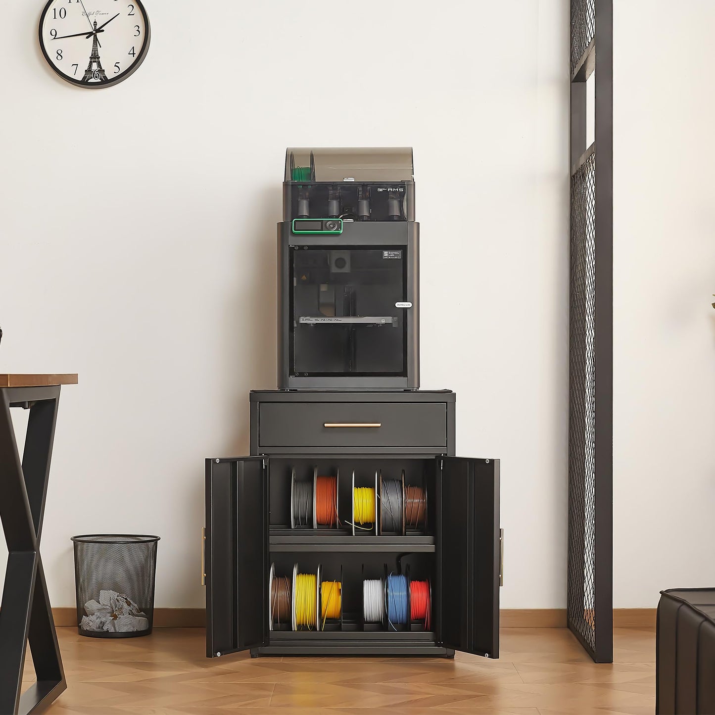 LEYNOT Metal 3D Printer Table, with Filament Storage, Silent Desk Pad, Charging Station & Drawers - Dustproof, Heavy-Duty for Home Office and Studio (Double Door Style - Black)