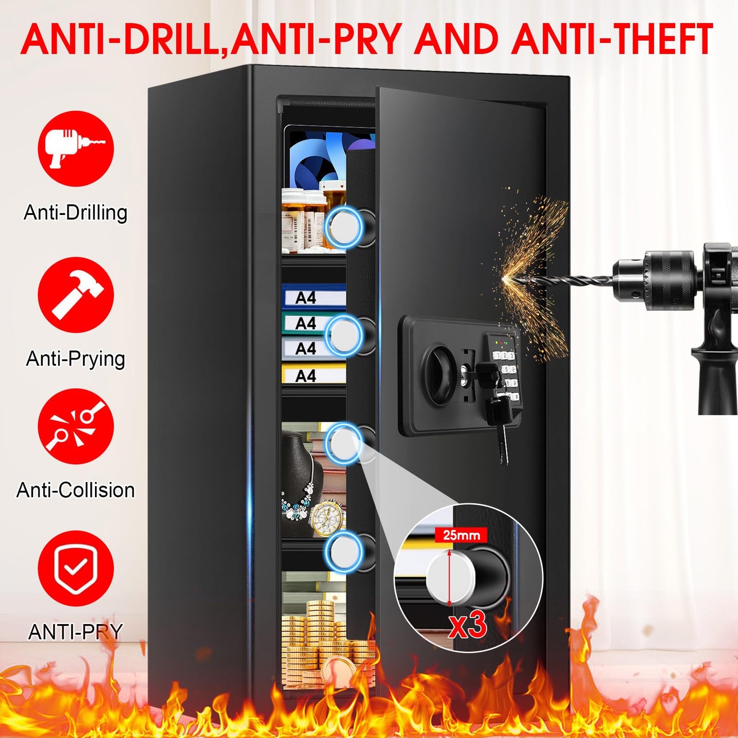 6.0 Cub Large Home Safes Fire and Waterproof, Anti-theft Fire Proof Safe Box with Digital Keypad, Key Lock and 3 Removable Shelves, Security Safes Fireproof Waterproof for Home Document Valuables