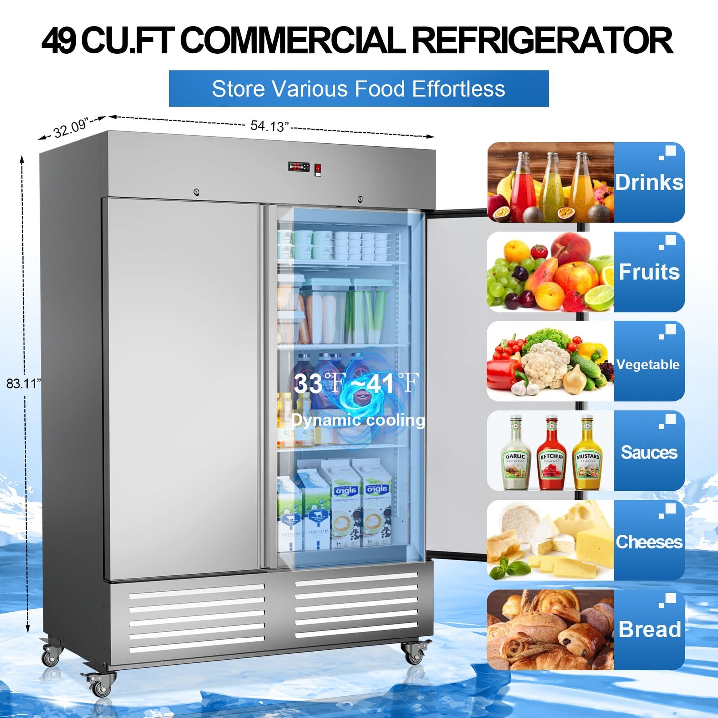 Ferueo Commercial Refrigerator 54" W 2 Door Stainless Steel Reach-in Solid Door Upright Fridge Fan Cooling 49 Cu.ft Refrigerators 32-47°F for Restaurant, Bar, Shop