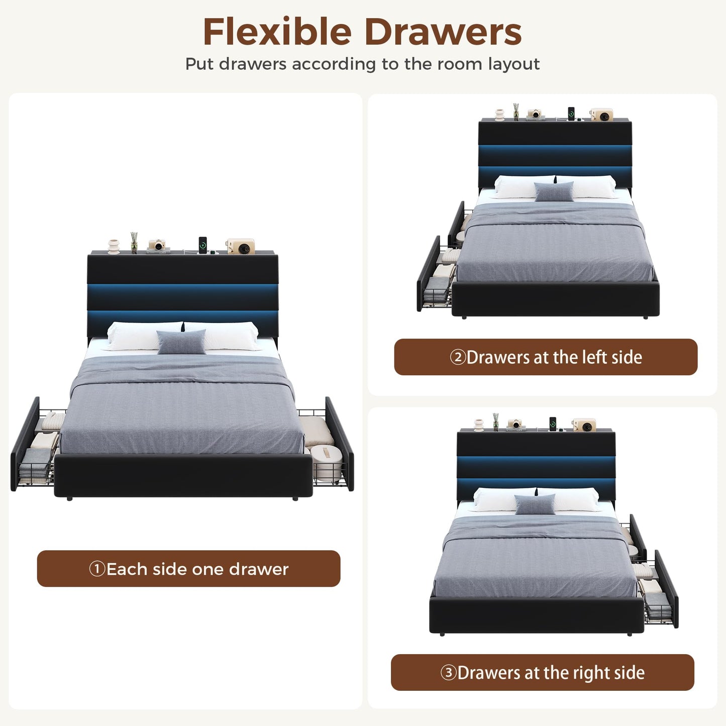 Jocoevol Full Size Bed Frame with 2 Storage Drawers and Headboard Shelf, Velvet Upholstered Platform Bed with LED Lights & Charging Station, Wooden Slats Support, No Box Spring Needed, Black
