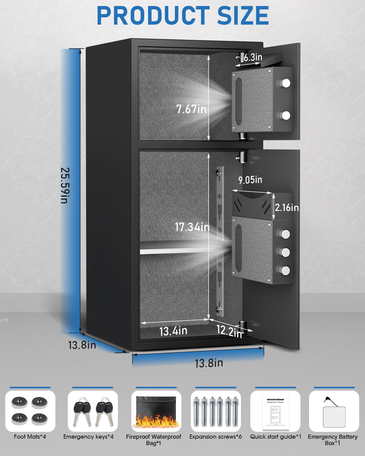 6.0 Cu ft Extra Large Home Safe Box with Fireproof Waterproof Bag, Digital Home Safe Box with Deposit Slot & Metal Storage Box, Soft Lining Money Safes with Backlit Keypad & Dual Alarm for Home
