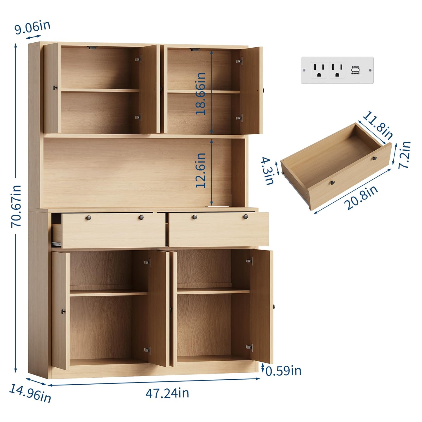 71" Tall Kitchen Pantry Storage Cabinet with Charging Station, Modern Tall Kitchen Hutch with Microwave Countertop, Wood Food Pantry Cabinet for Dining Room with Drawers and Doors for Dining Room
