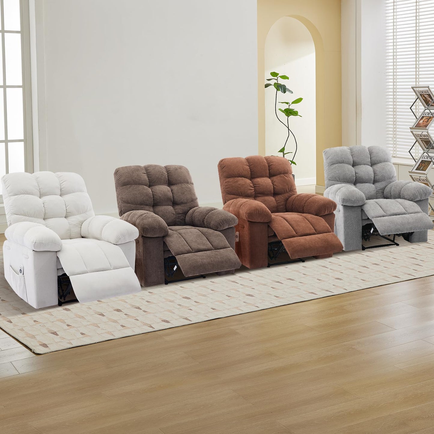 Light Brown Ergonomic Recliner Chair - Overstuffed Rocking Recliner with Massage & Heat, Wide High-Back Linen Reclining Chair, Manual Adjustable with Remote & Dual Side Pockets for Living Room Bedroom
