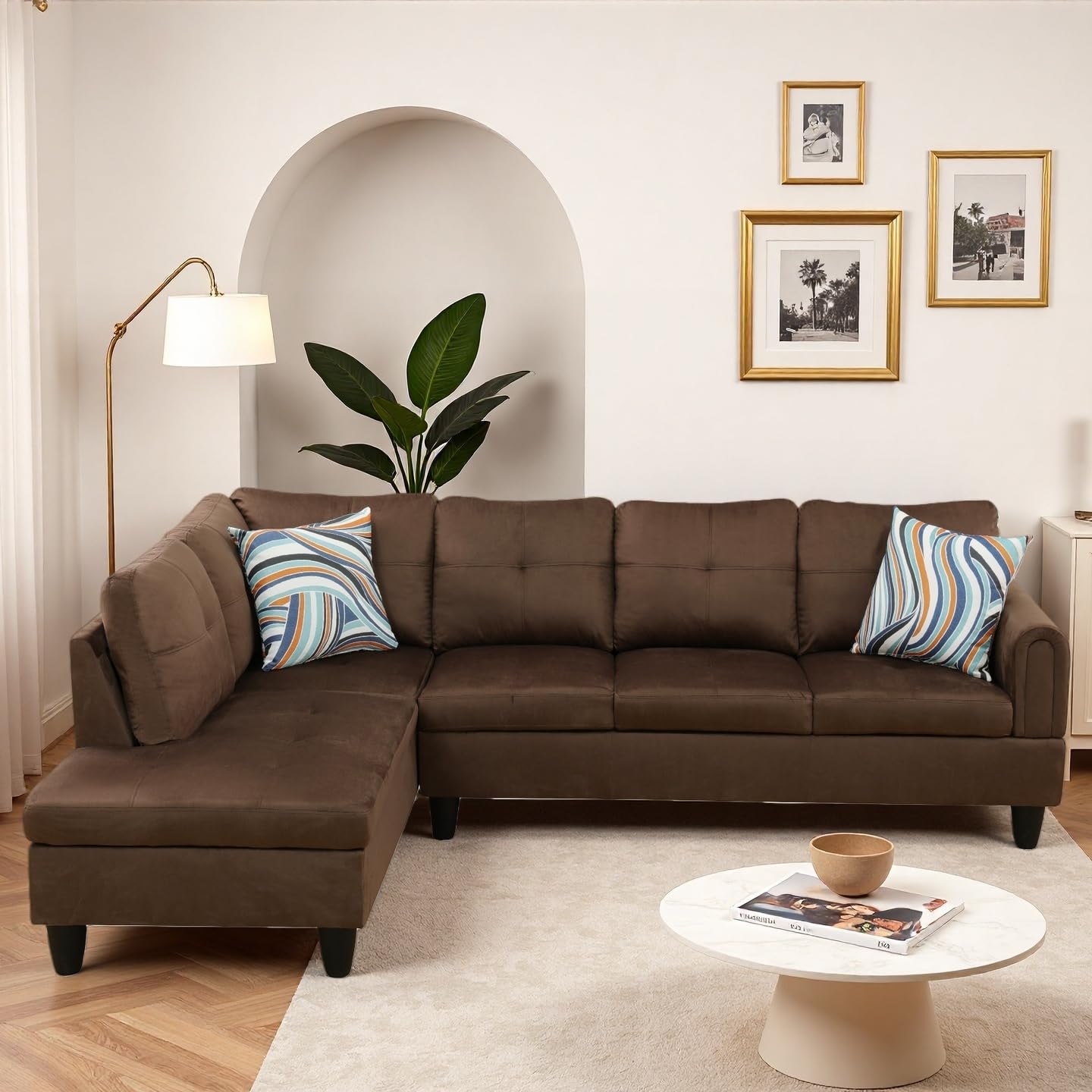 Trygoal Modern L-Shaped Sectional Sofa with Chaise Lounge, 4-Seater Flannel Couch with High-Density Foam Cushions, for Living Room, Apartment, Studio, Easy Assembly, Chocolate