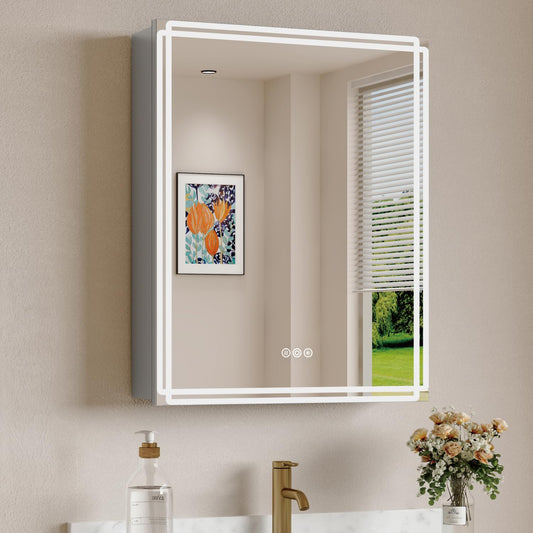Buruis 24'' x 30'' Medicine Cabinet with Lights and Mirrors, Recessed or Wall Mounted Modern Bathroom Cabinet with 3-Mode Light, Anti-Fog, Dimmable, Memory Function, Outlet, Silver