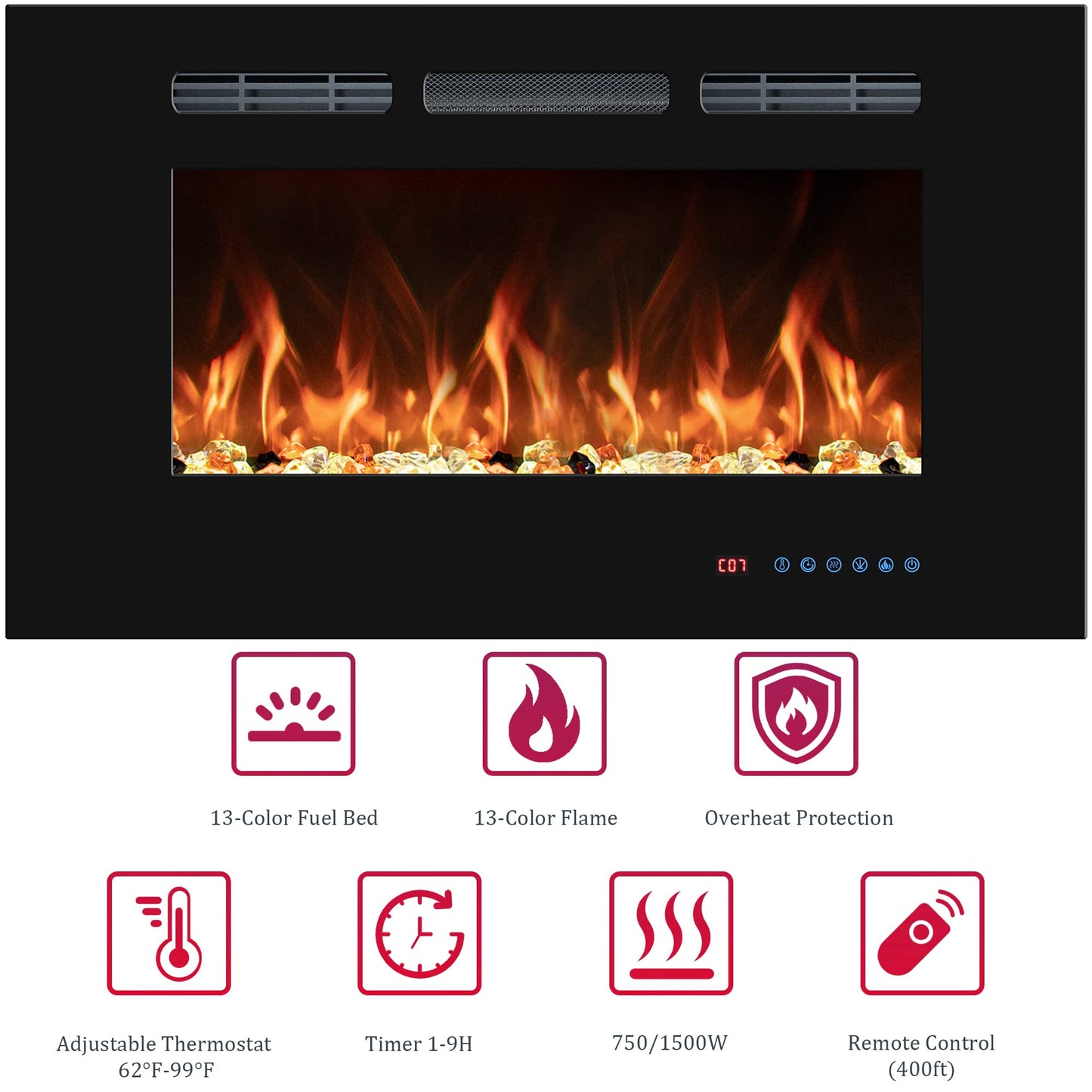 42" Electric Fireplaces Inserts, Recessed & Wall-Mounted Fireplace Heater with Thermostat, Multicolor Flames,Timer, Log & Crystal, 750/1500W