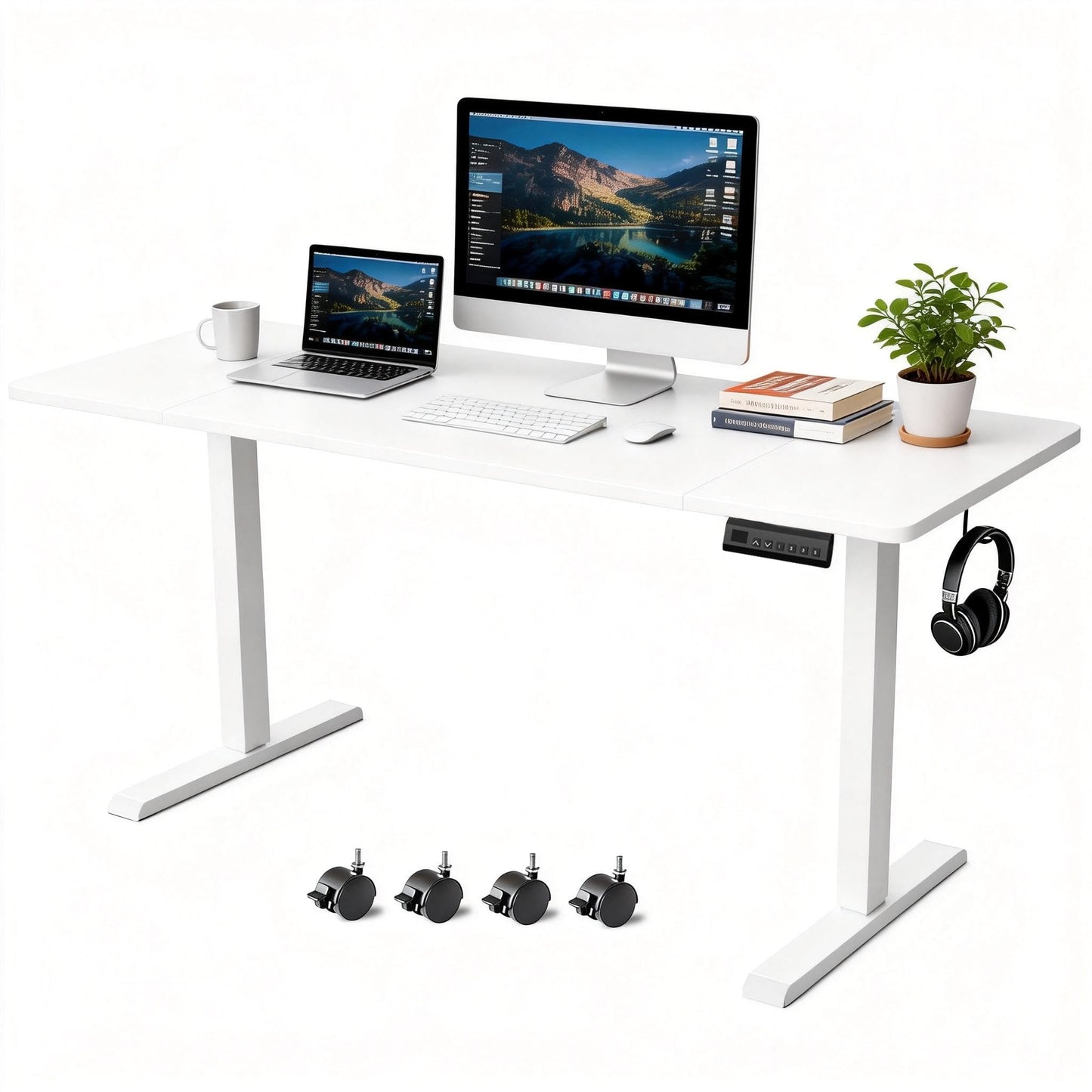 iWkstation Standing Desk with Splice Board Adjustable Height- 63 inch Mobile Stand up Desk with Wheels, Portable Sit Stand Desks Electric with Lockable Casters