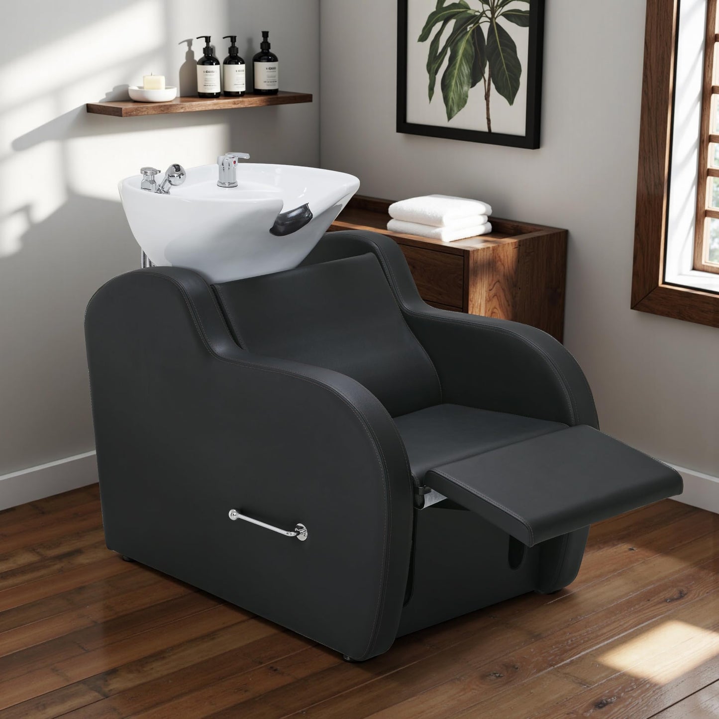 BarberPub Backwash Shampoo Unit with Leg Rest, Adjustable Ceramic Hair Wash Bowl Sink and Chair Set for Salon, Barbershop, Home Salon 9312 (Black)