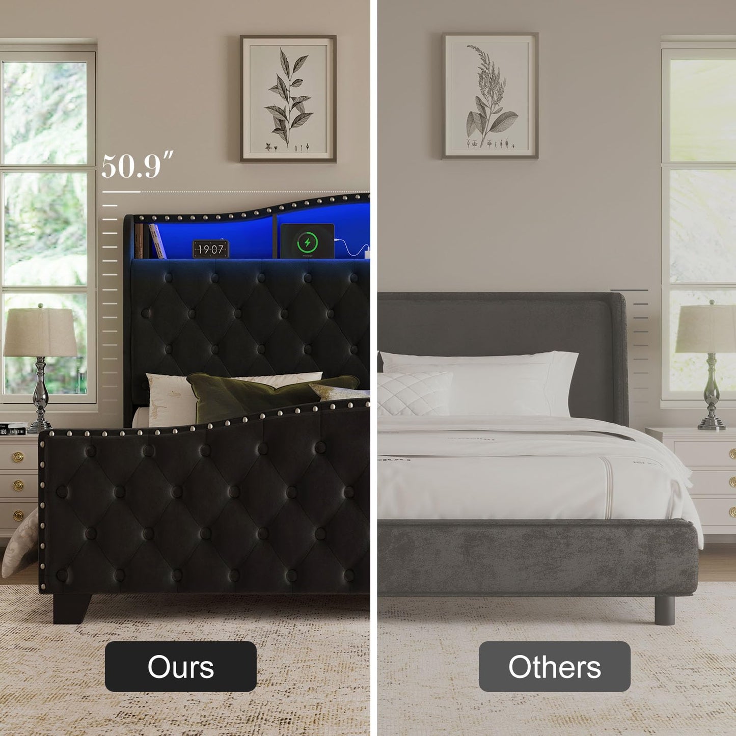 Belffin Queen Size Bed Frame and Headboard, 50.9" Velvet Upholstered Wingback Bedframe with LED Lights & Storage/Charging Station, Button Tufted Tall Footboard, No Box Spring Needed, Noise-Free, Black