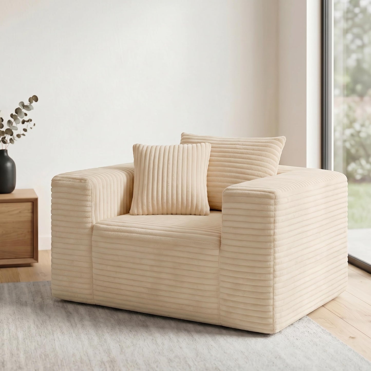 Trygoal Boneless Single Sofa Chair for Adult, Corduroy Cloud Lounge Chair with 2 Pillows & Wide Armrests, High-Density Foam Reading Couches for Living Room & Office, No Assembly Required, Beige