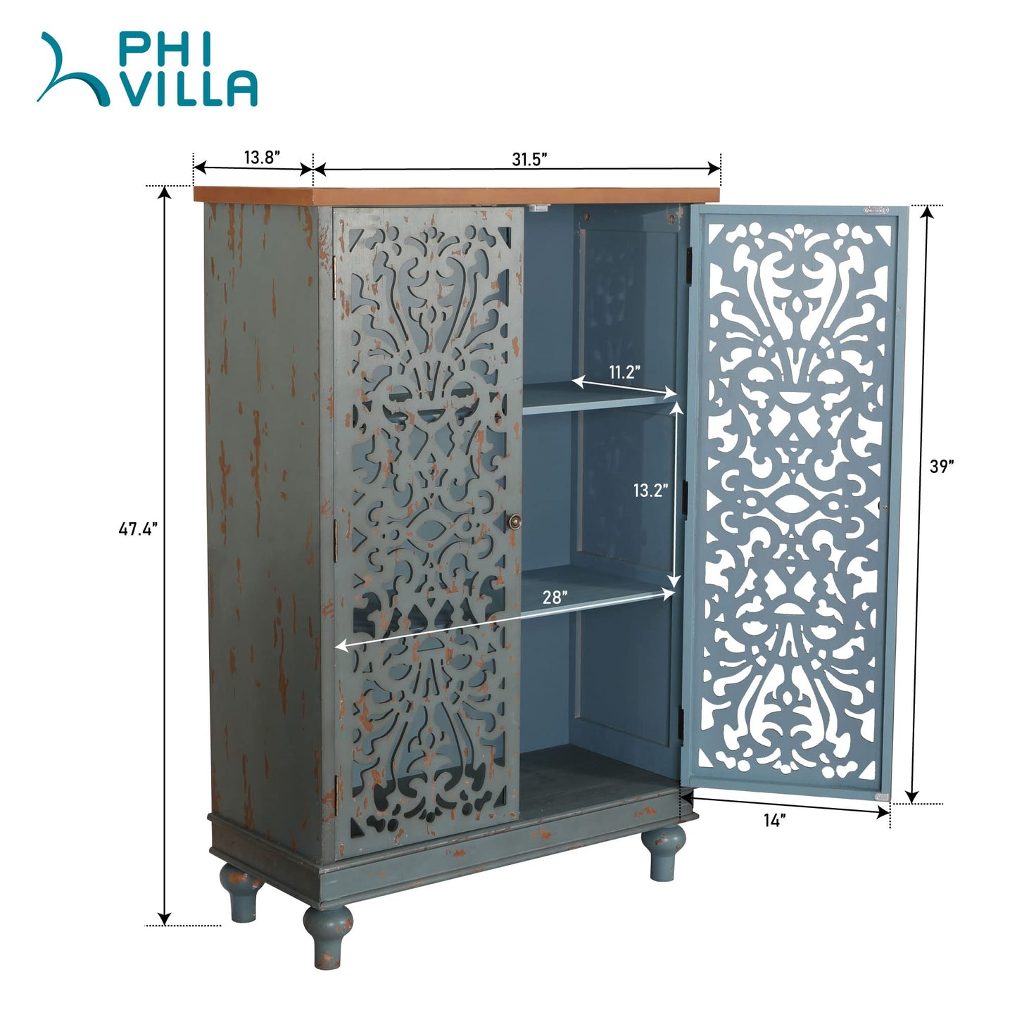 PHI VILLA Tall Accent Cabinet with Doors - Credenza for Living Room Farmhouse Storage Cabinet with Hollow Carved Door, 2 Door Accent Cabinets