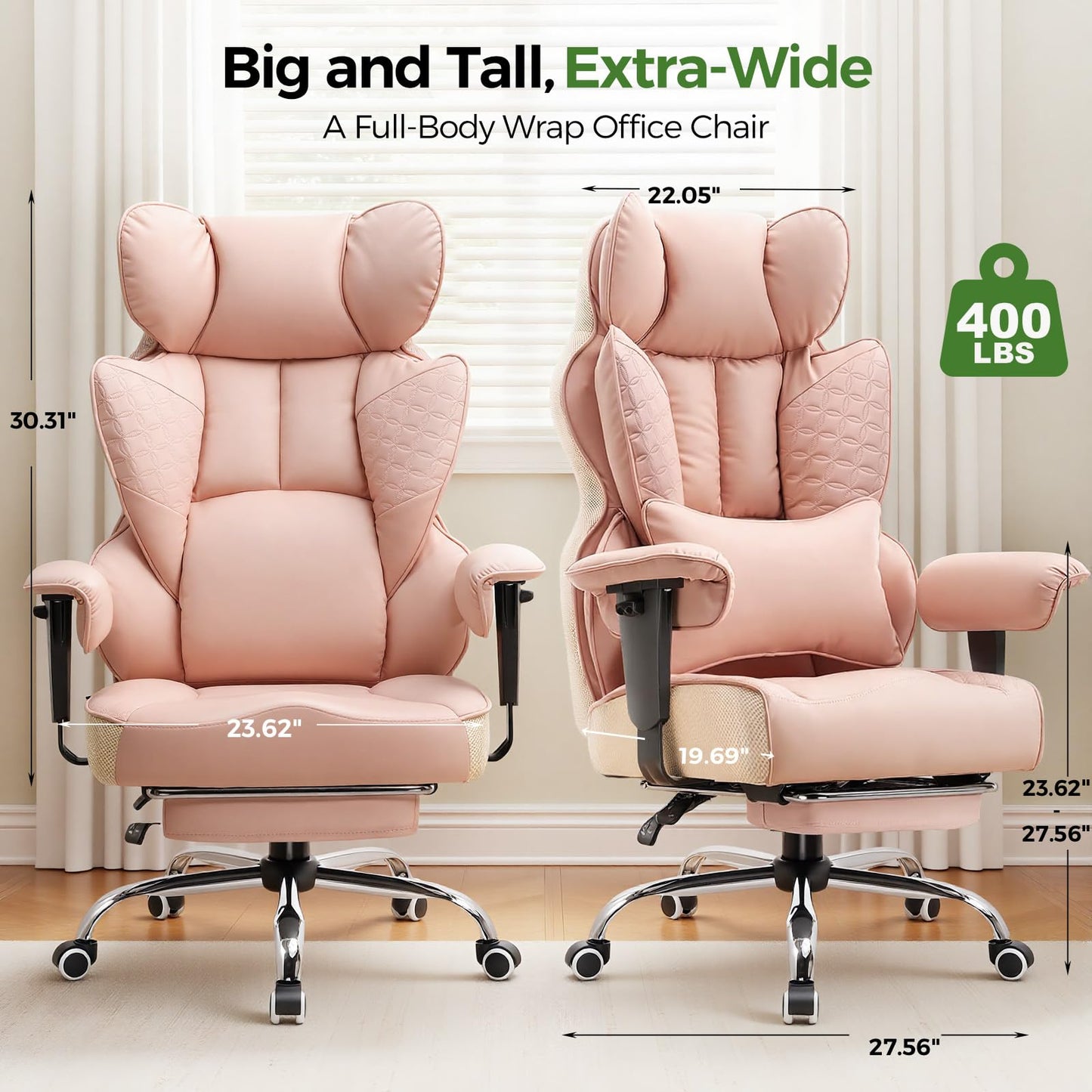 GTPOFFICE Big and Tall Office Chair 400LBS Wide Seat Computer Gaming Chair with Footrest & Comfy Lumbar Support, Leather High Back Executive Chair with Ergonomic Pressure Relief Seat Cushion, Pink