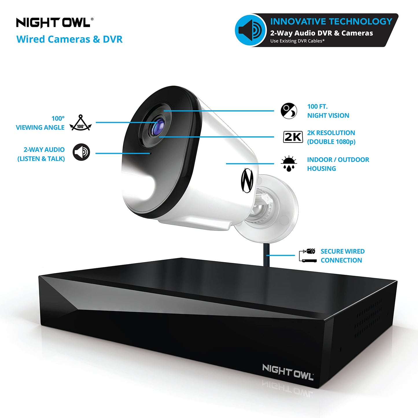Night Owl 2-Way Audio 12 Channel DVR Video Home Security Camera System with (8) Wired 2K HD Indoor/Outdoor Deterrence Cameras and 2TB Hard Drive (Add up to 4 More Wi-Fi Cameras) (8 Camera)
