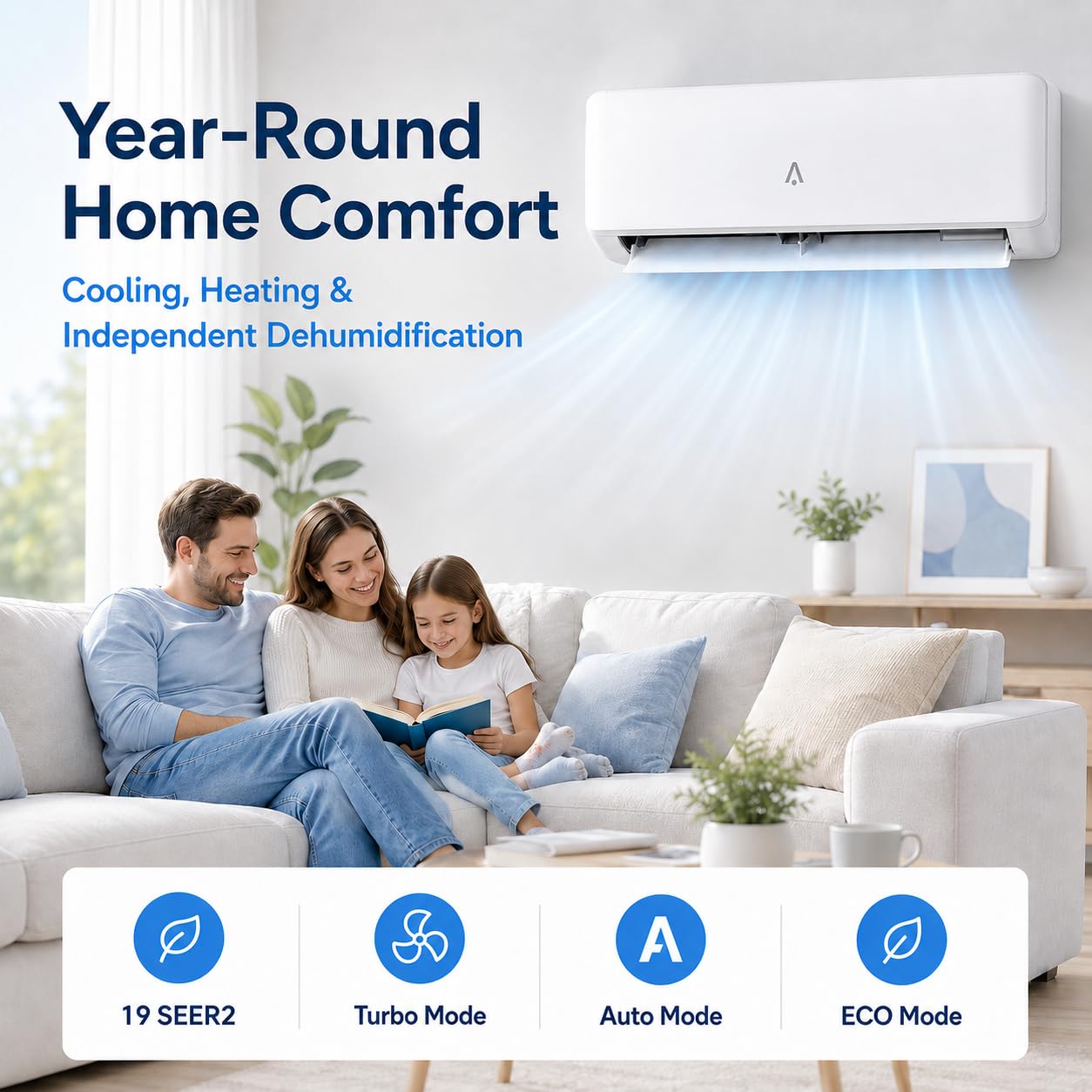 9,000 BTU Mini Split AC/Heating System, 19 SEER2 Inverter Ductless Heat Pump, WiFi Wall Mount Split System Air Conditioner, Up to 450 Sq ft, 115V, Installation Kit, Timer Sleep Mode, Quiet