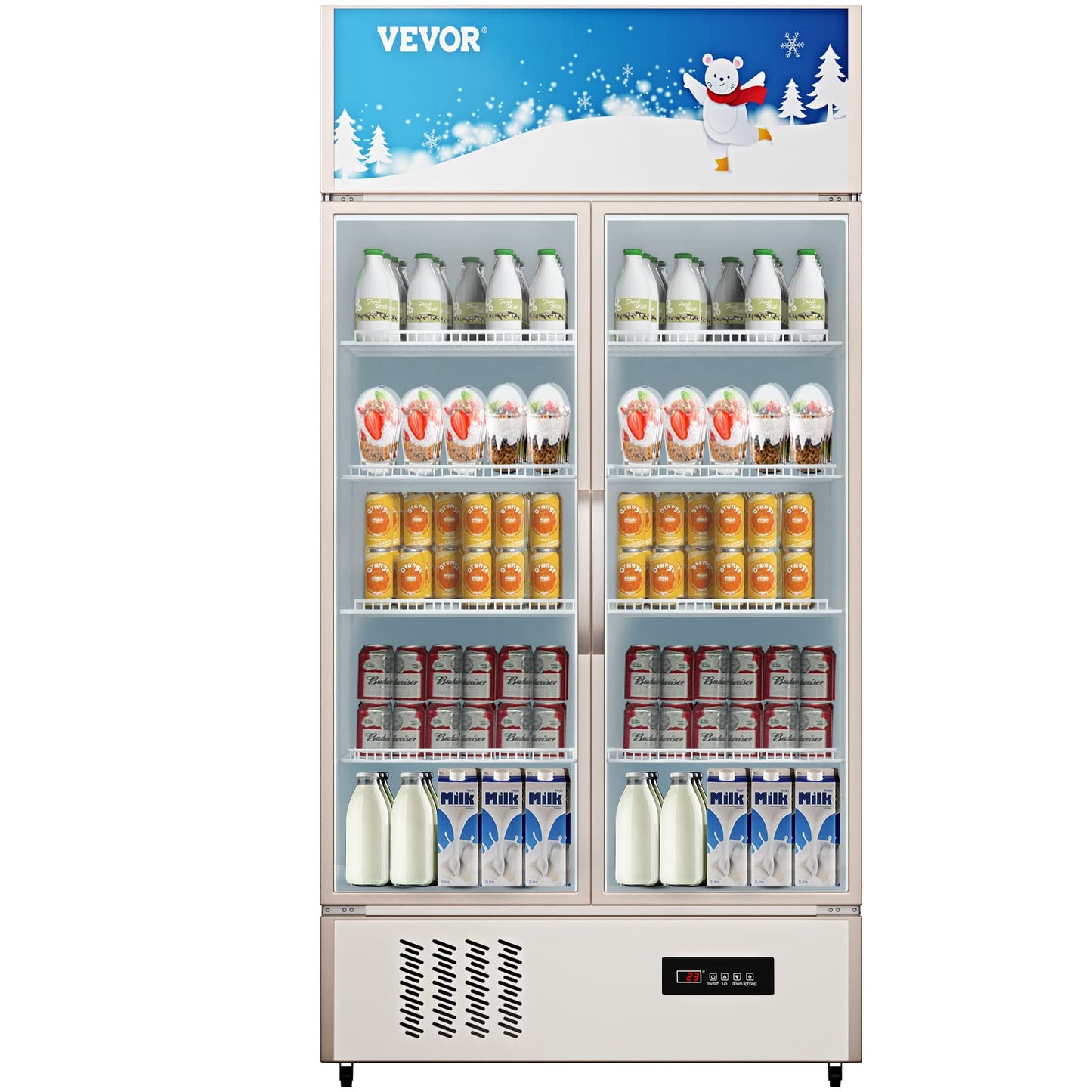 VEVOR Commercial Merchandiser Refrigerator 2 Glass Doors, 23 Cubic Ft, Upright Display Beverage Cooler 79" Tall x 39.4" Width, Fridge with LED Lighting for Drink Wine Soda, Gold