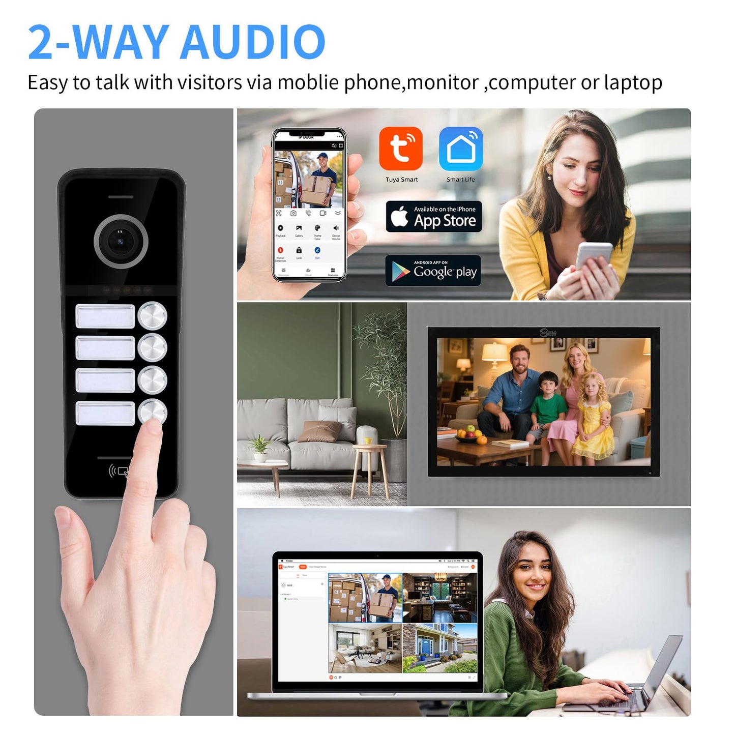 Wired Video Doorbell Apartment Intercom System,4 Family Units 10 Inch Touch Monitor,3 in 1 Unlocking,Dual Way Intercom Motion Detection Tuya for Villa Home (1 Doorbell(b)+ 4 Monitor(b))