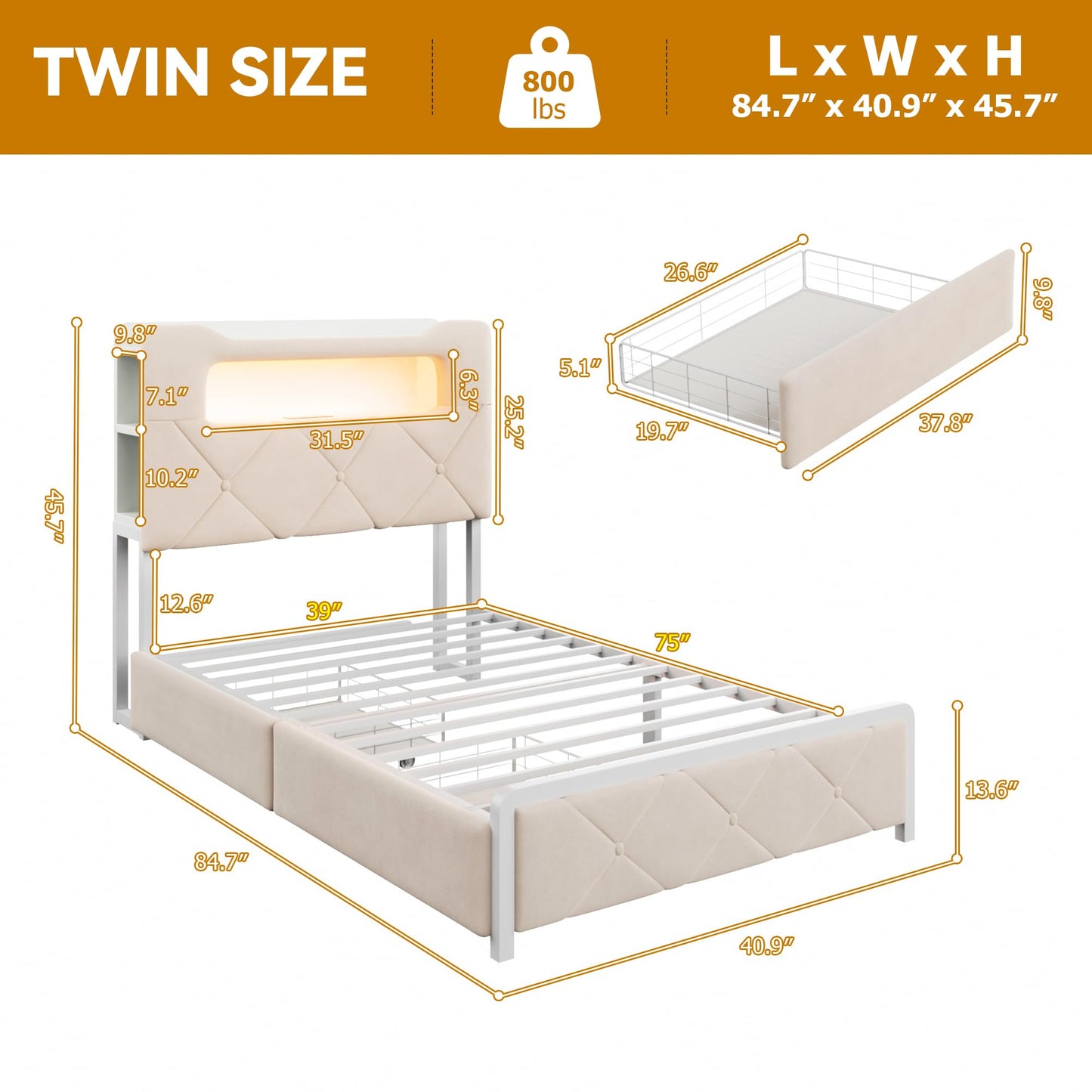 Twin Upholstered LED Bed Frame with 2 Storage Drawers and 2-Tier Storage Bookcase Headboard, Velvet Princess Platform Bed for Kids/Girls/Boys, Heavy Duty Metal Support, No Box Spring Needed, Beige