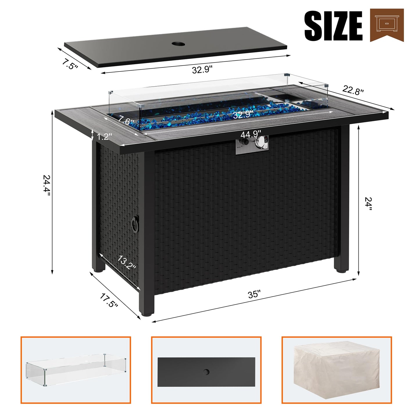 45 inch Outdoor Propane Fire Pit 50,000 BTU Gas Fire Pit Table with Lid, Glass Wind Guard, Waterproof Cover, Rectangle Gas Firepit Table for Garden/Patio, CSA Certification