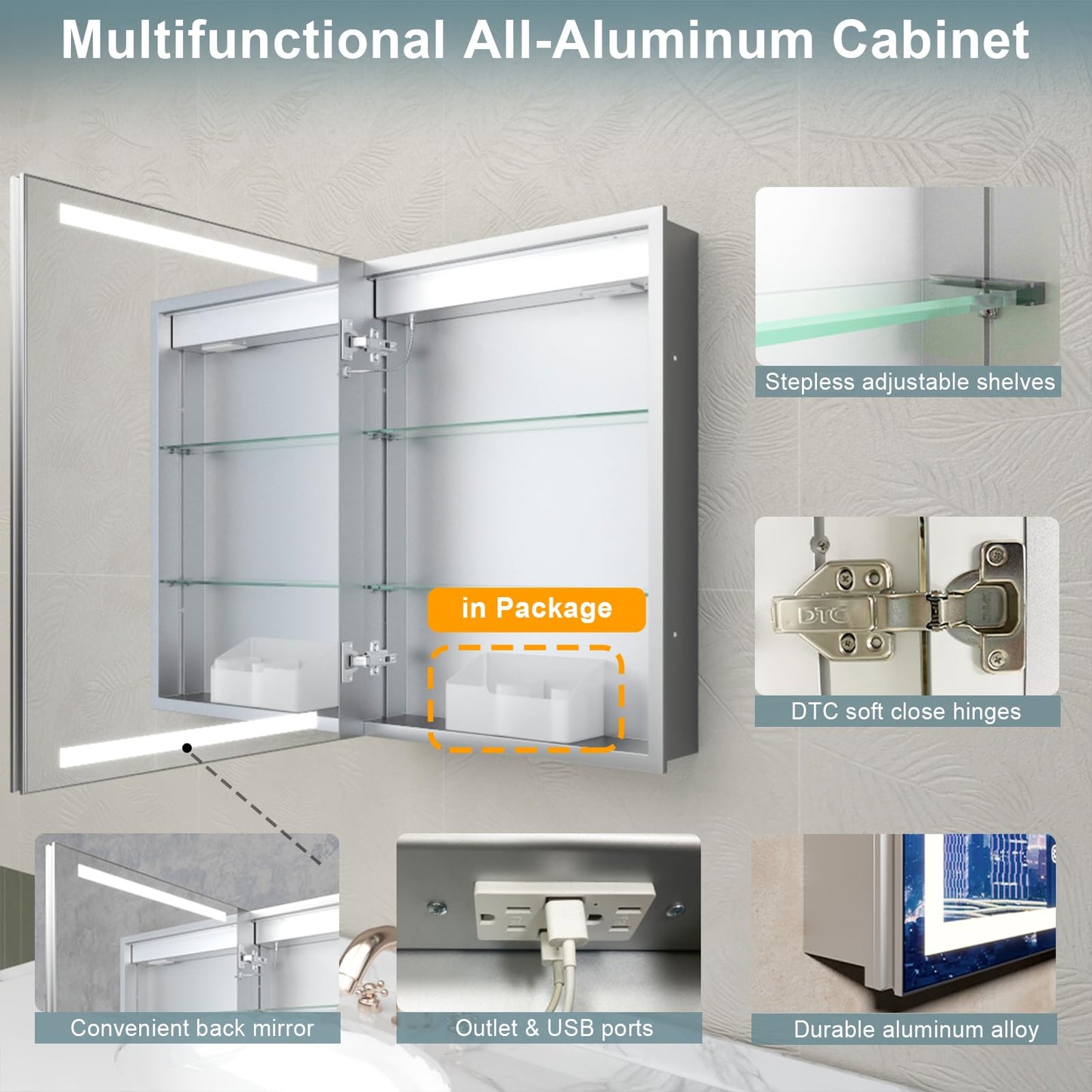 Bathroom Medicine Cabinet with Lights, 20"x26" LED Medicine Cabinet with Dual-Sided Mirror, Socket/USB, Adjustable Shelves & Organizer Box, Anti-Fog & 3-Color Dimmable LED with Memory, Full Aluminum